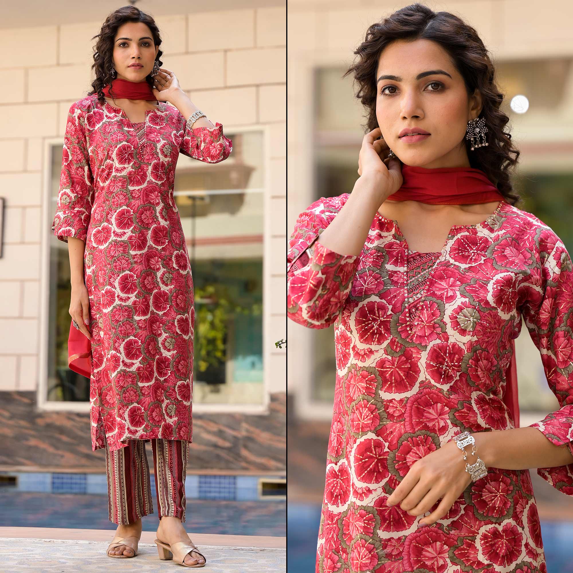 Red Floral Foil Printed Rayon Straight Salwar Suit