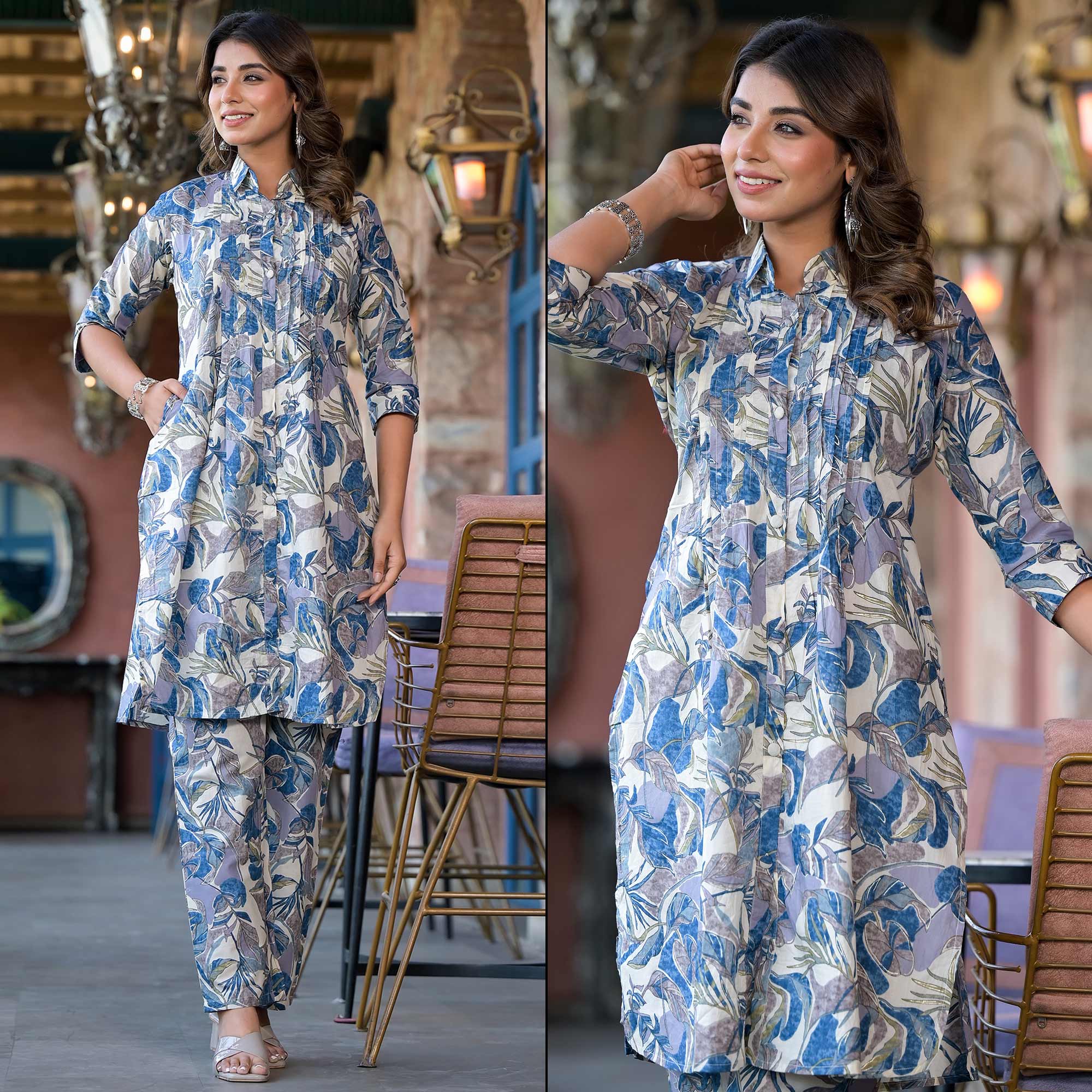 Blue Floral Printed Pure Cotton Co Ord Set