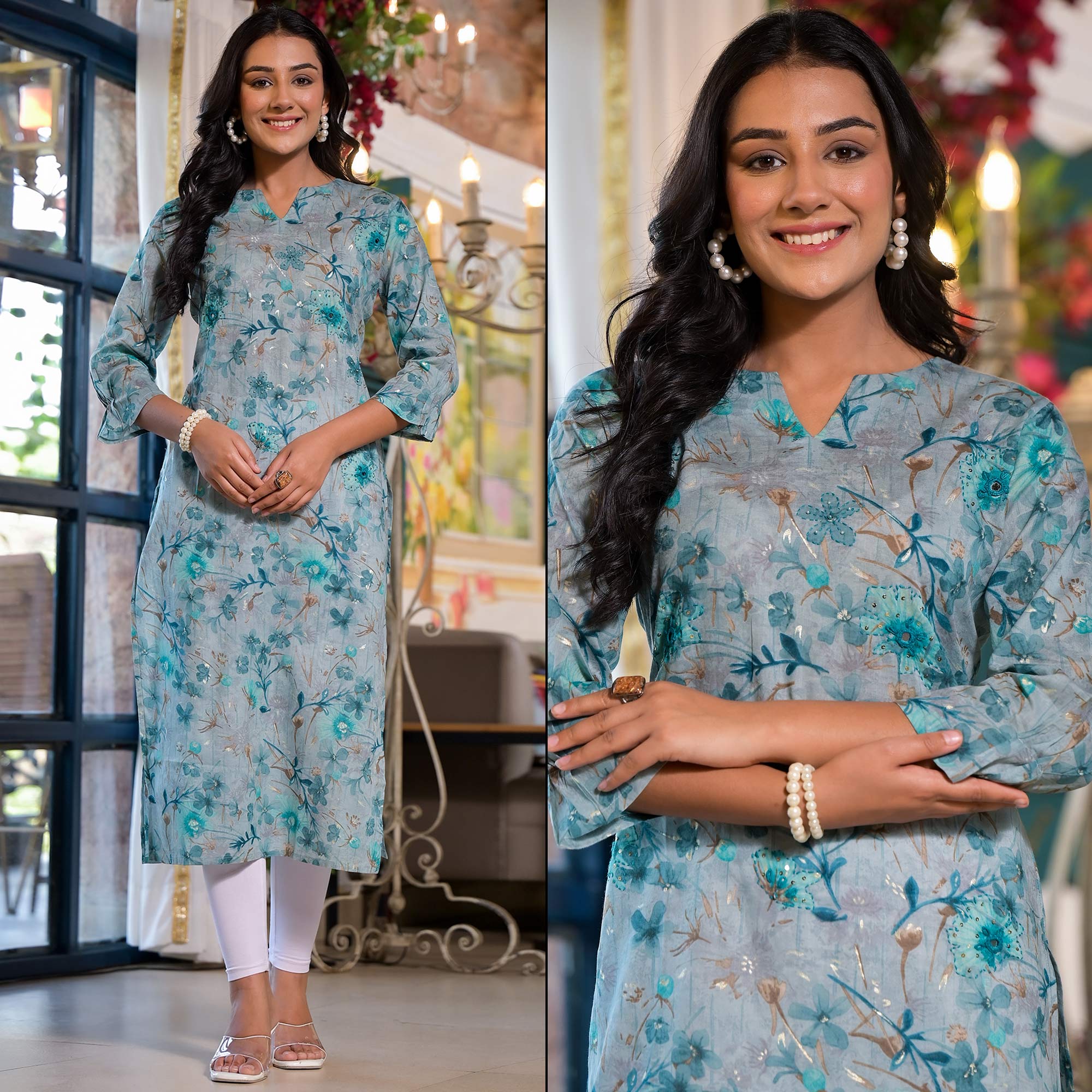 Blue Floral Foil Printed Mulmul Cotton Straight Kurti