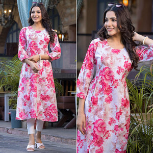 Pink Floral Printed With Beads Work Pure Cotton Maxi Dress