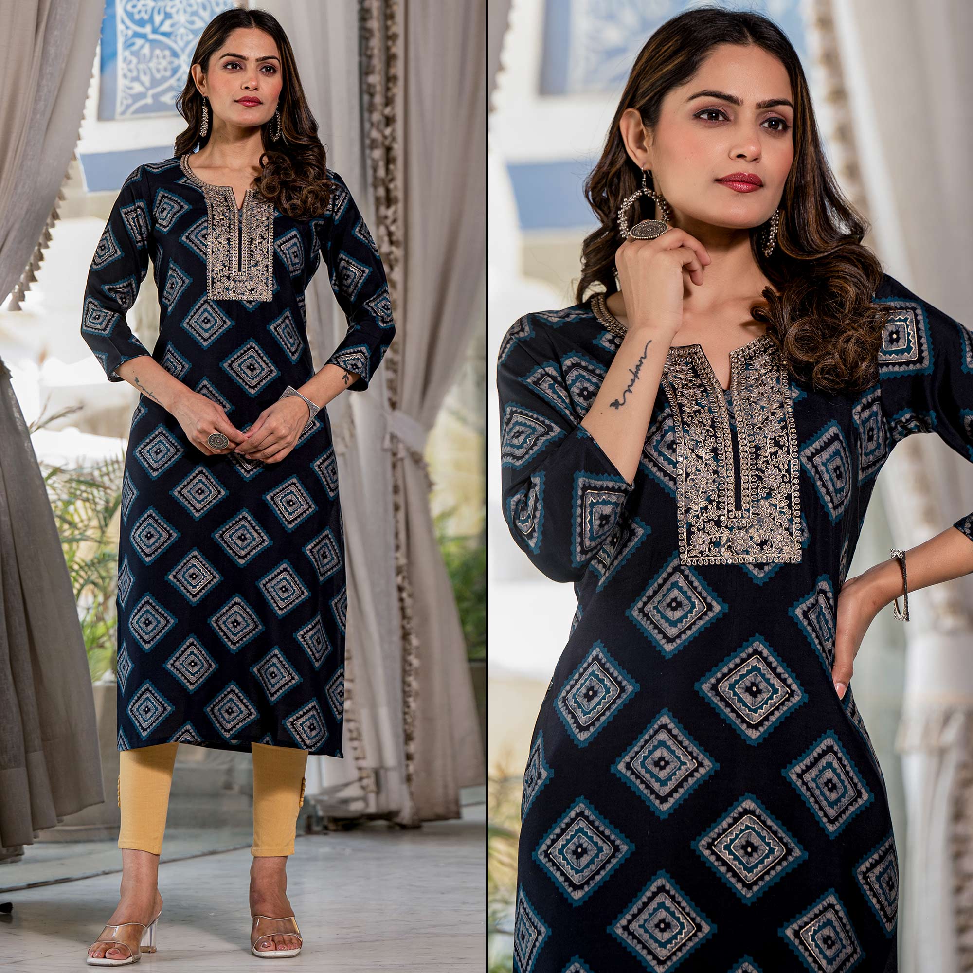 Navy Blue Foil Printed Chanderi Silk Kurti