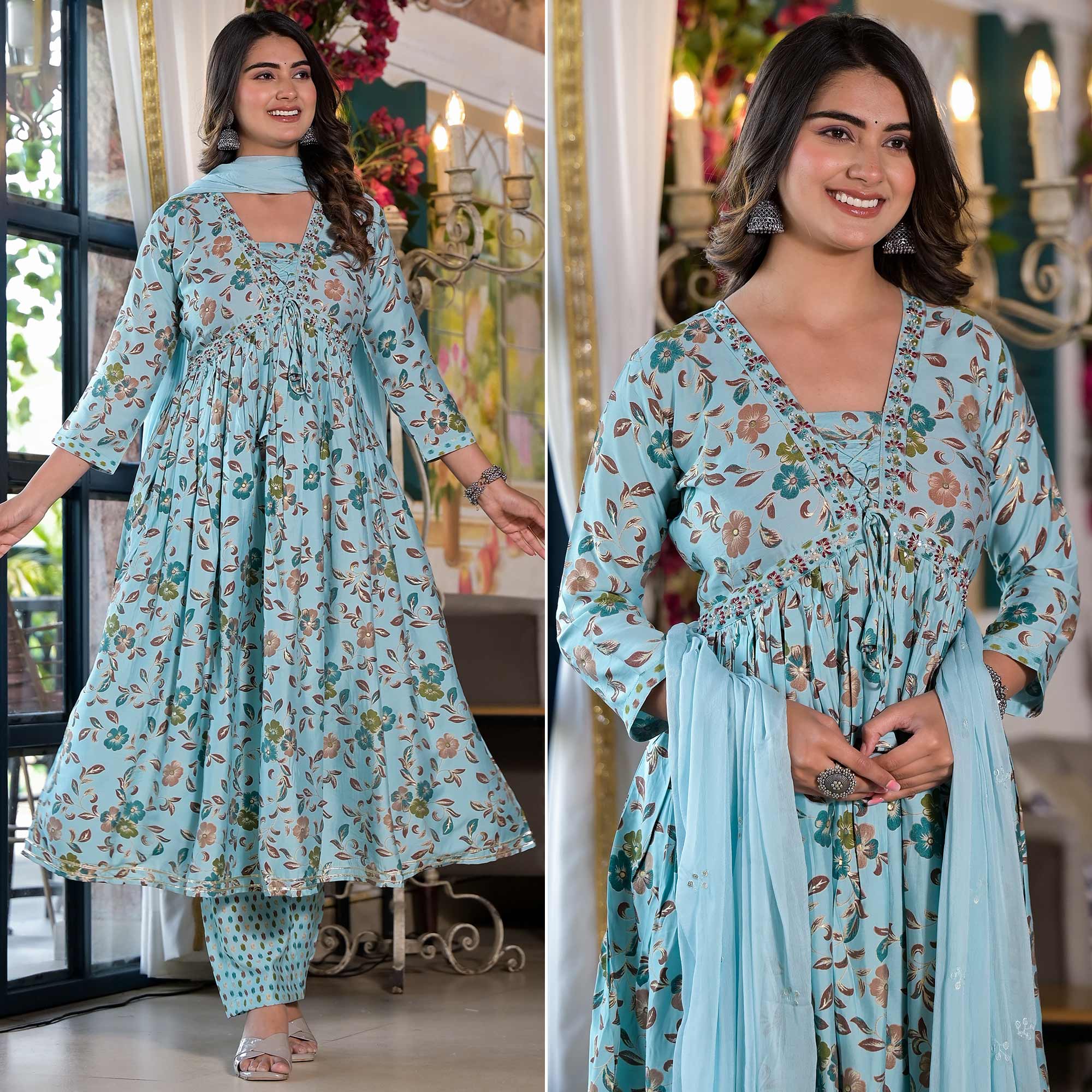 Turquoise Floral Alia Cut Chanderi Silk Salwar Suit With Zardosi Work