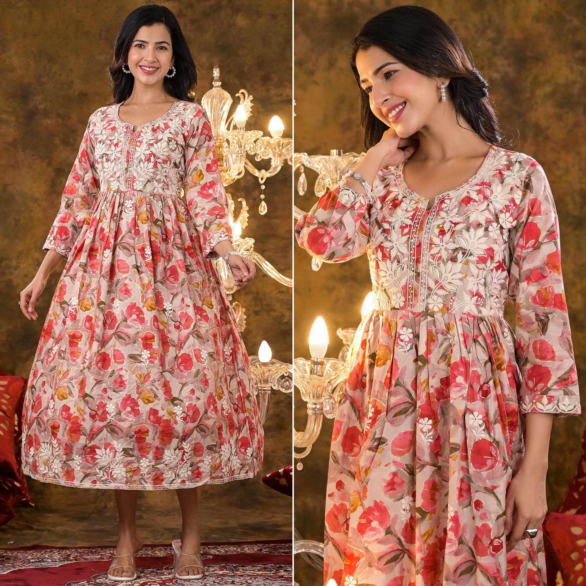 Peach Floral Printed Naira Cut Cambric Cotton Kurti