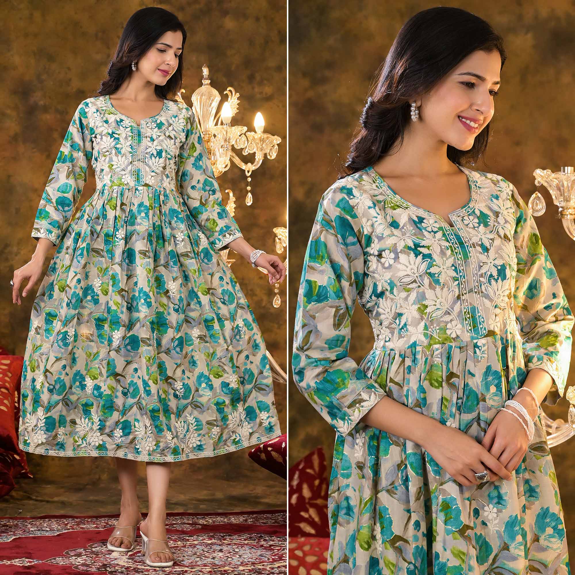 Turquoise Floral Printed Naira Cut Cambric Cotton Kurti