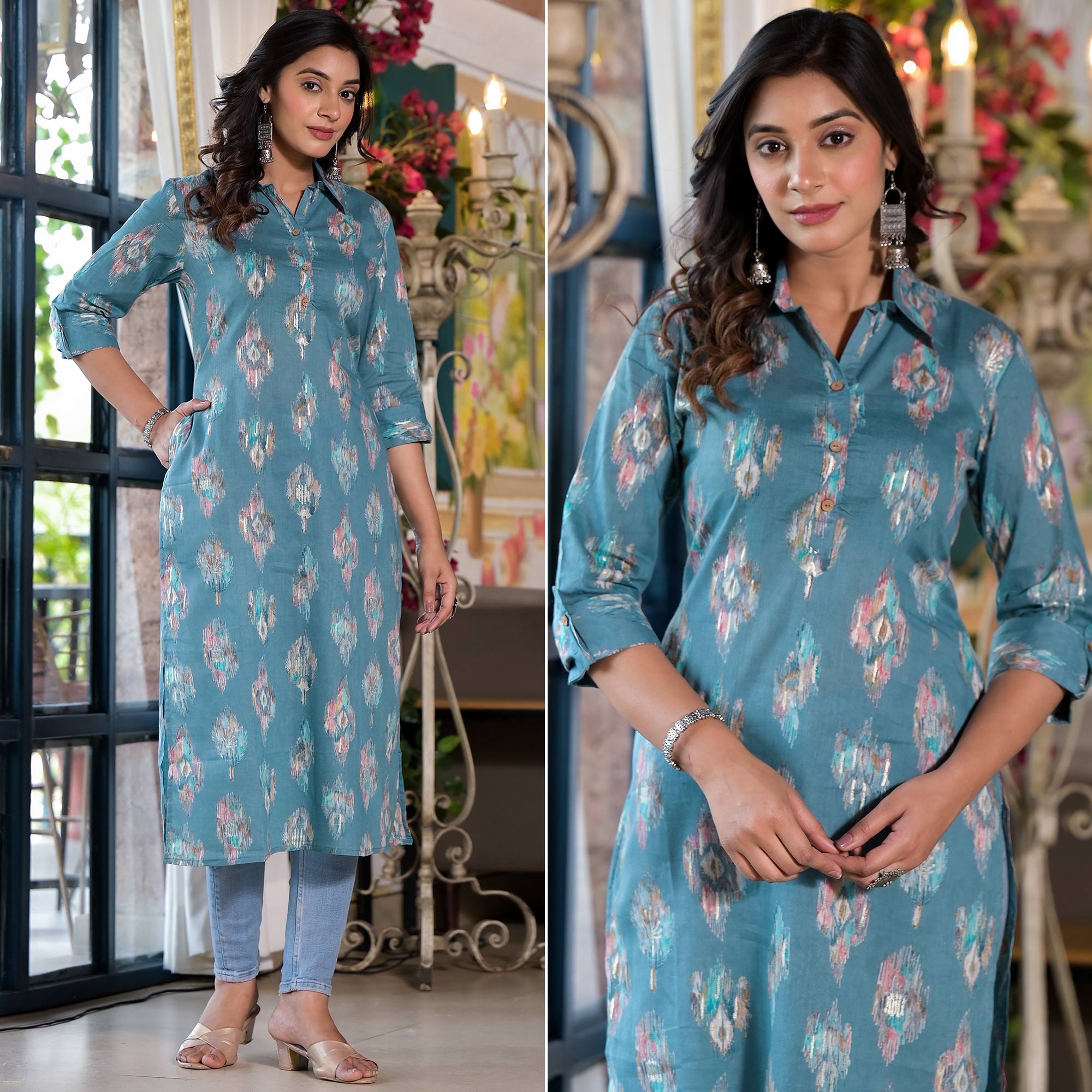 Dark Turquoise Ikkat Foil Printed Pure Cotton Straight Kurti