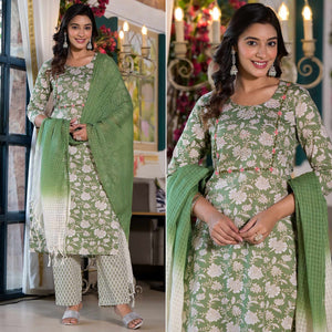 Pista Green Floral Printed Pure Cotton Salwar Suit