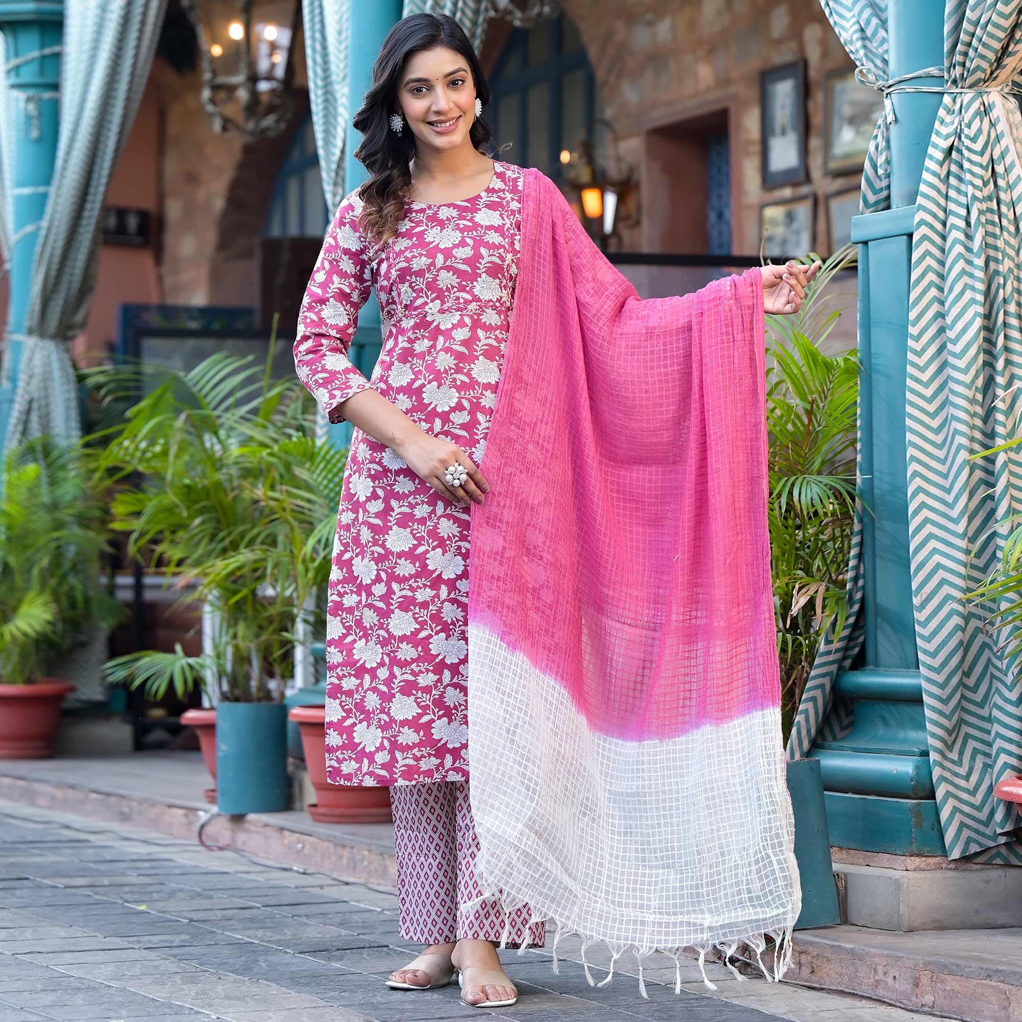 Wine Floral Printed Pure Cotton Salwar Suit