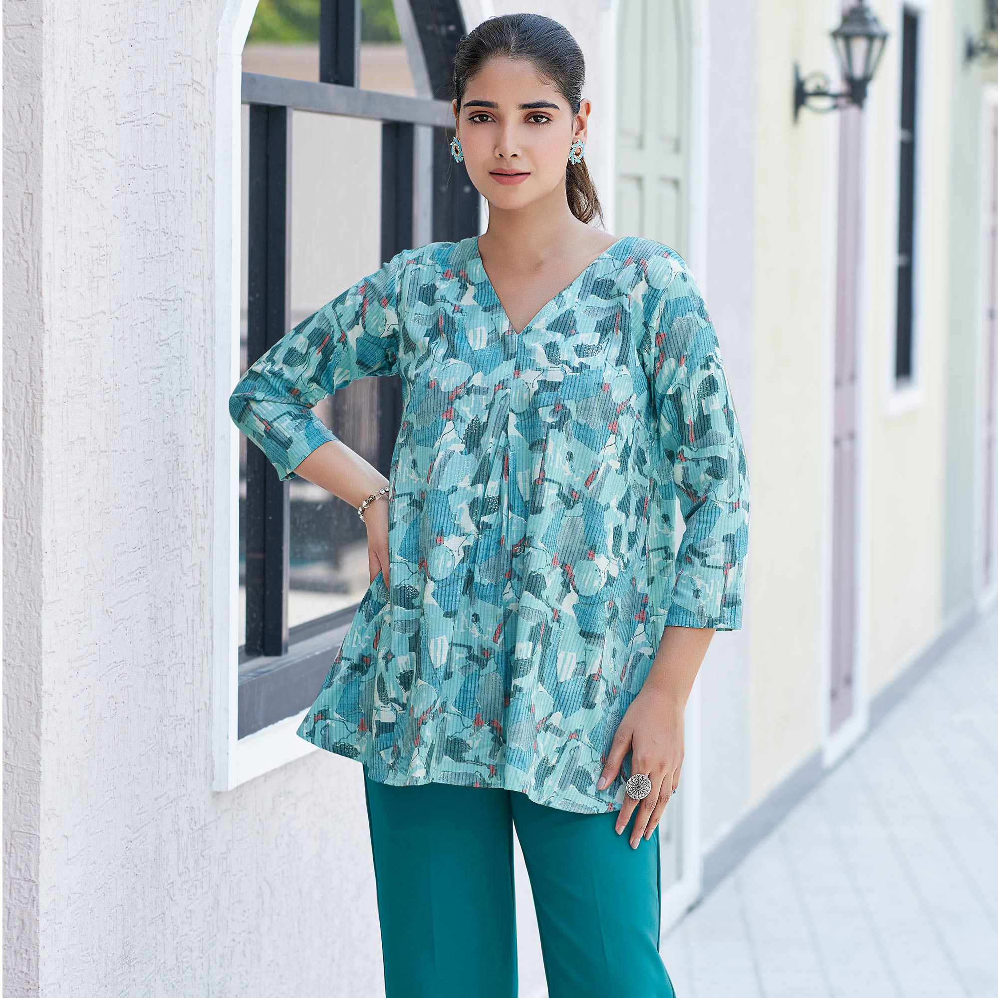 Light Blue Printed Rayon Top