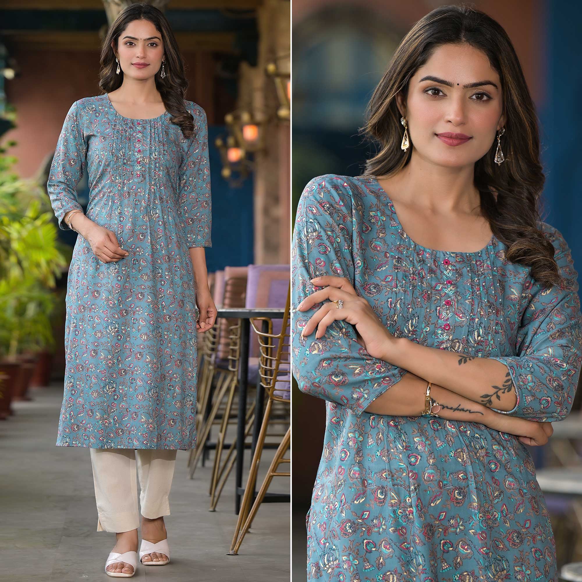 Bluish Grey Floral Printed Rayon Straight kurti