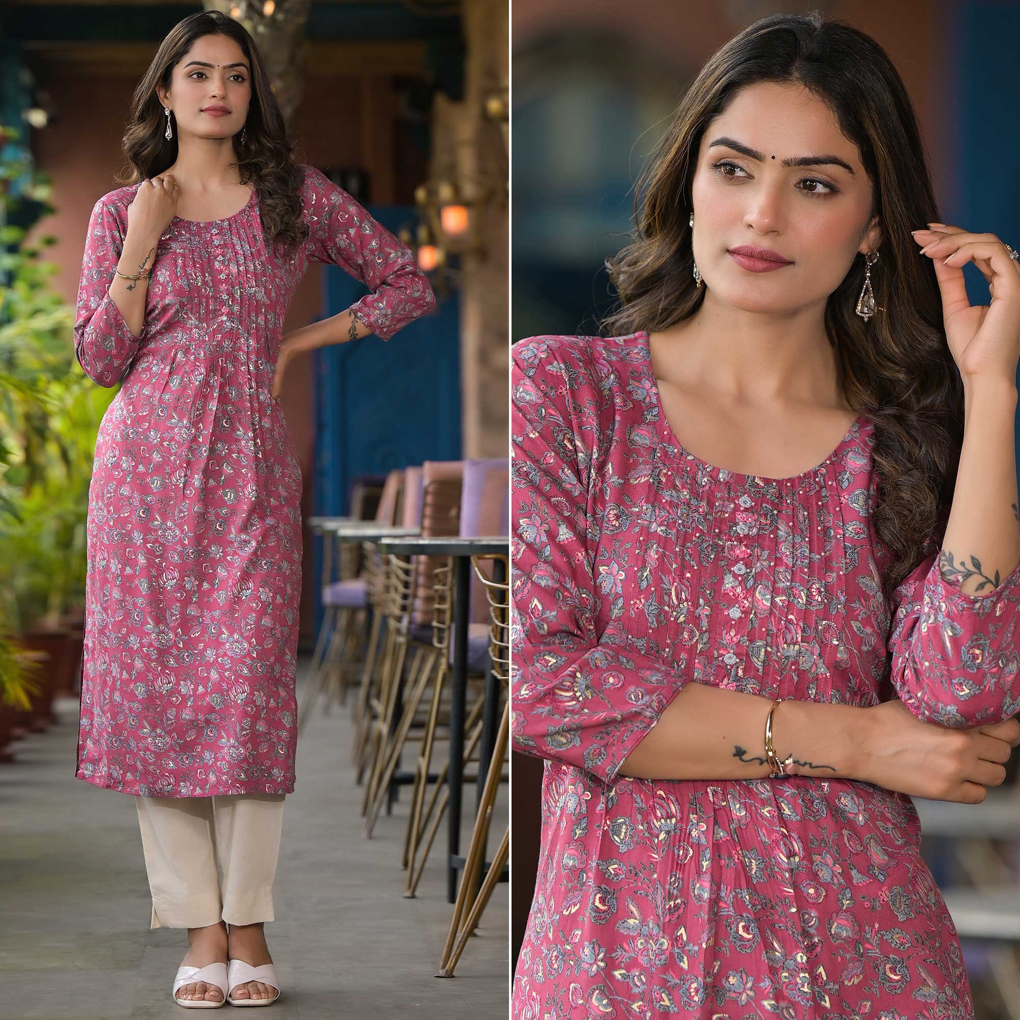 Pink Floral Printed Rayon Straight kurti