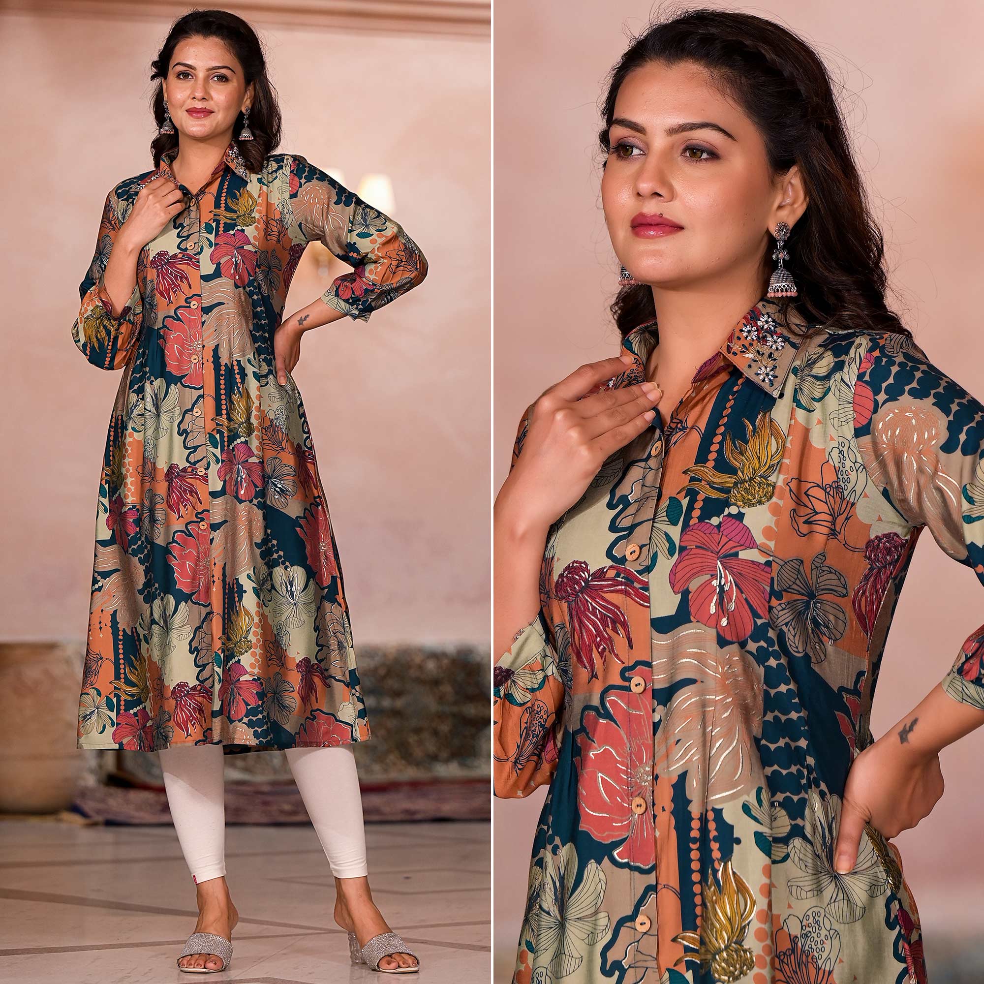 Green Floral Printed Chanderi Silk A-Line Dress