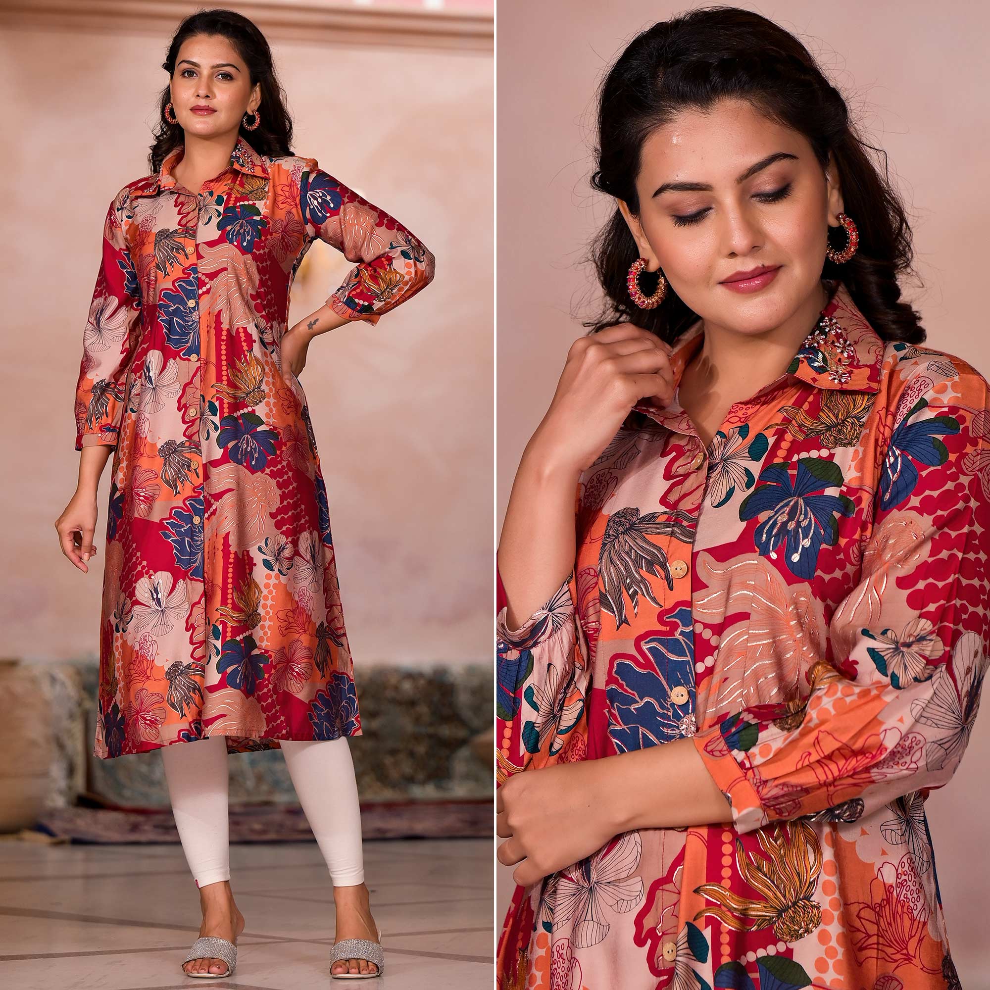 Rani Pink Floral Printed Chanderi Silk A-Line Dress