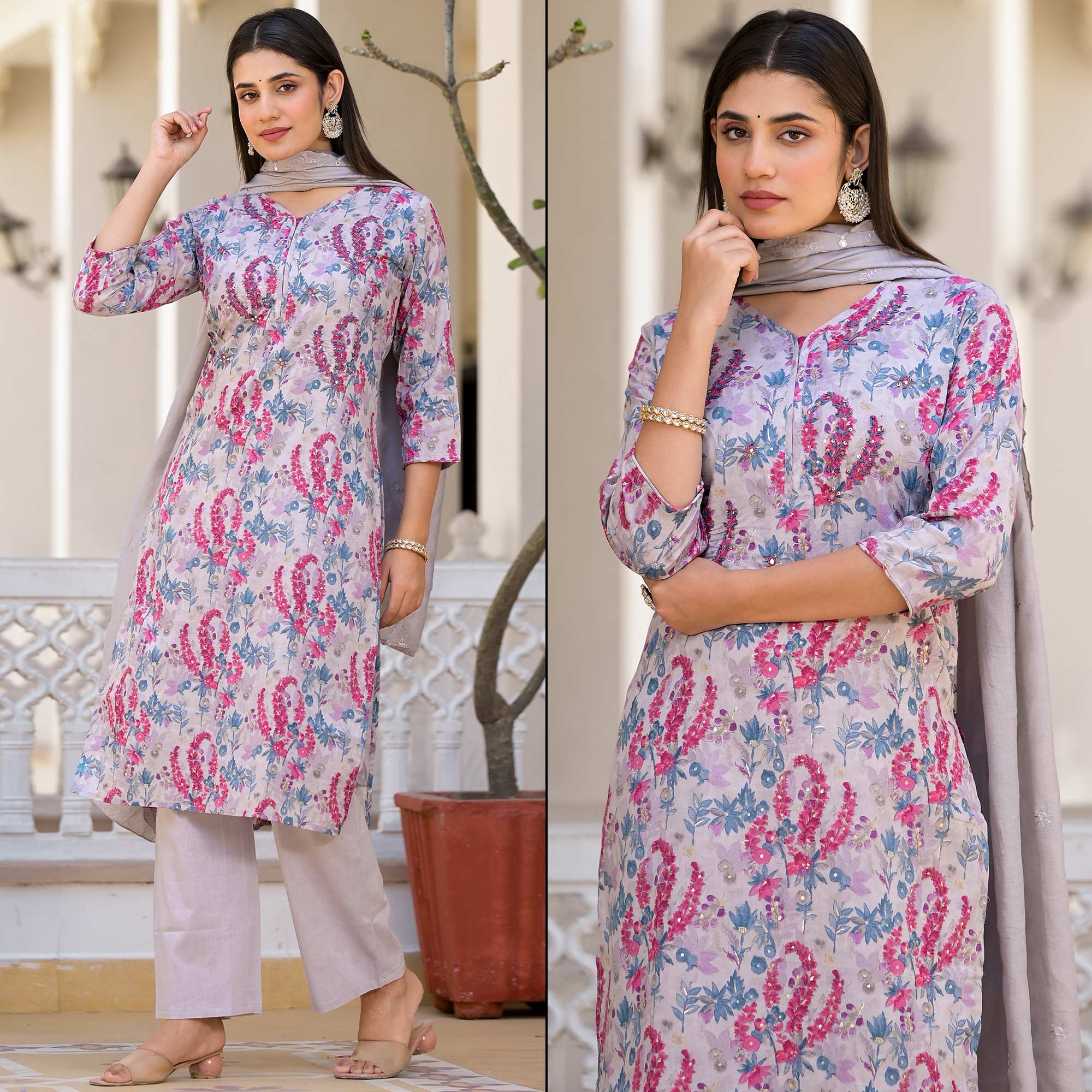 Grey Floral Printed Mulmul Cotton Salwar Suit With Handcrafted