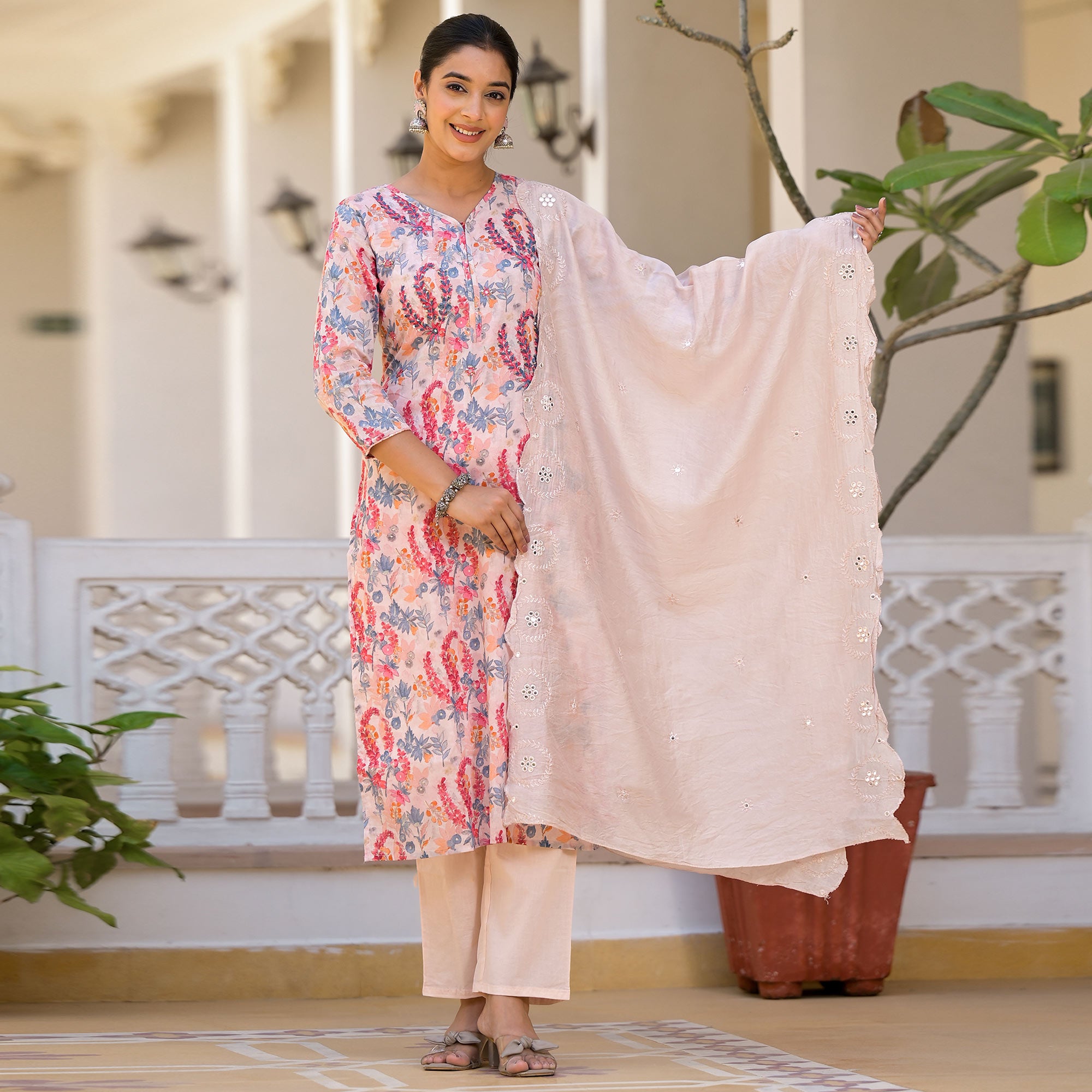 Peach Floral Printed Mulmul Cotton Salwar Suit With Handcrafted