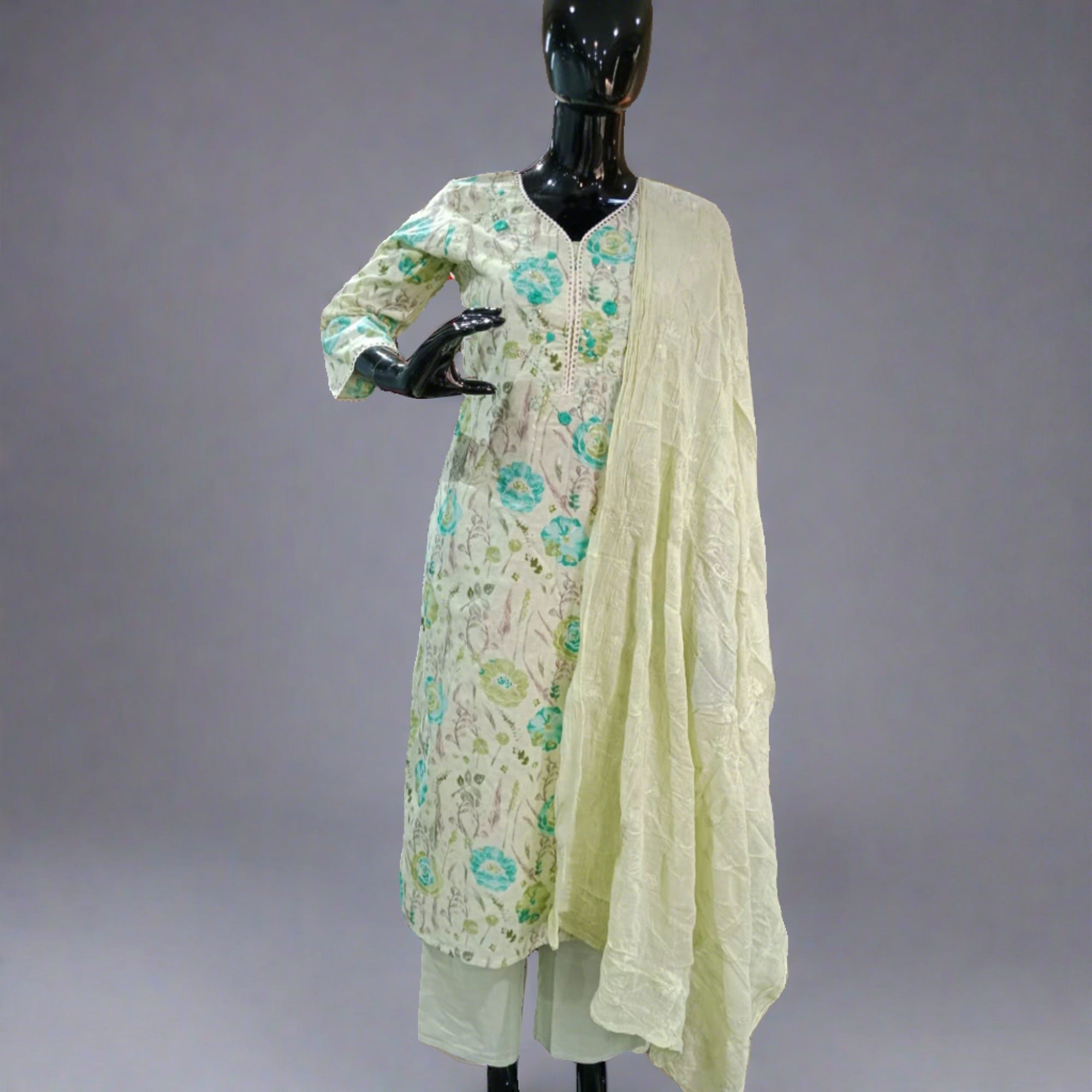 Light Green Floral Printed Mulmul Cotton Straight Salwar Suit
