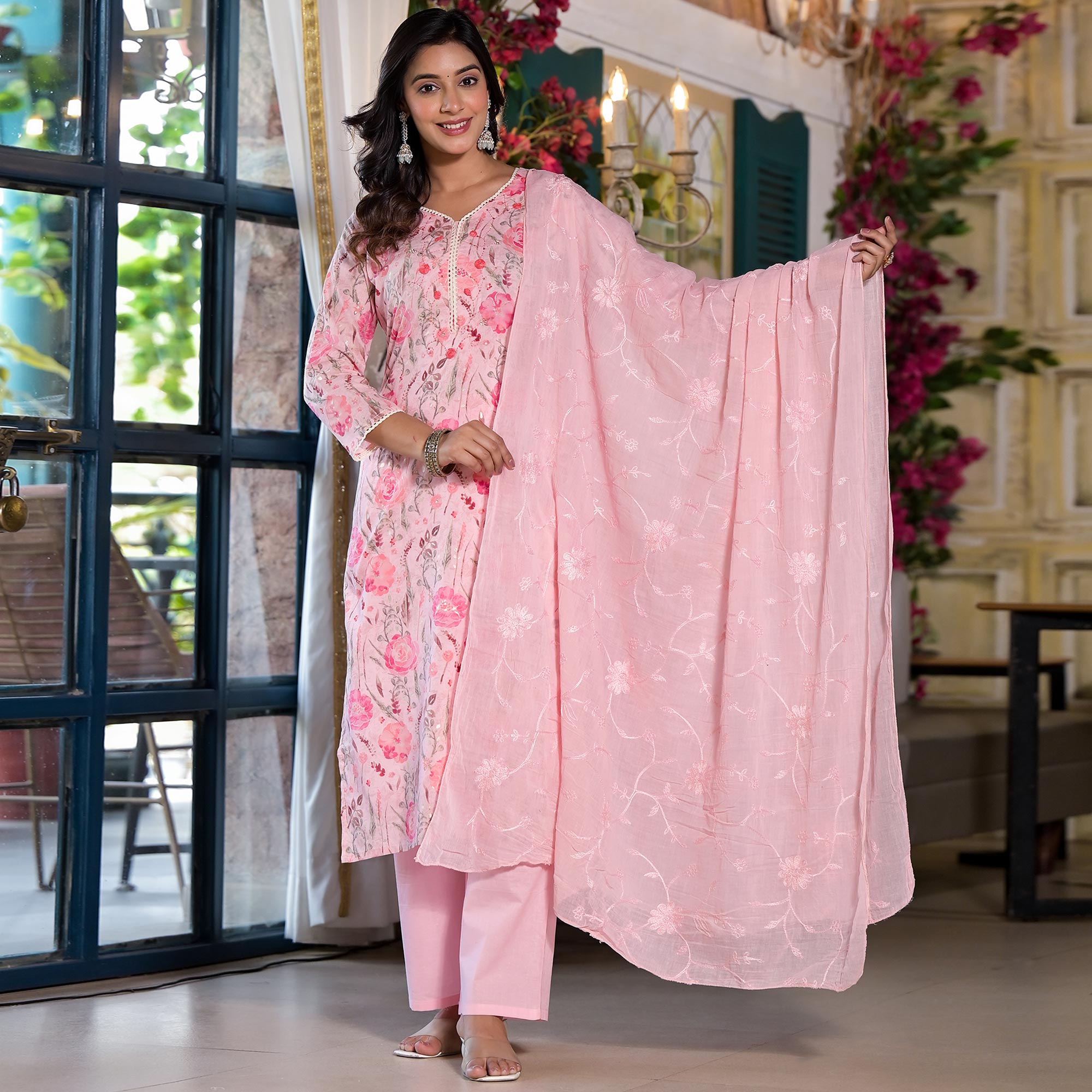 Pink Floral Printed Mulmul Cotton Straight Salwar Suit