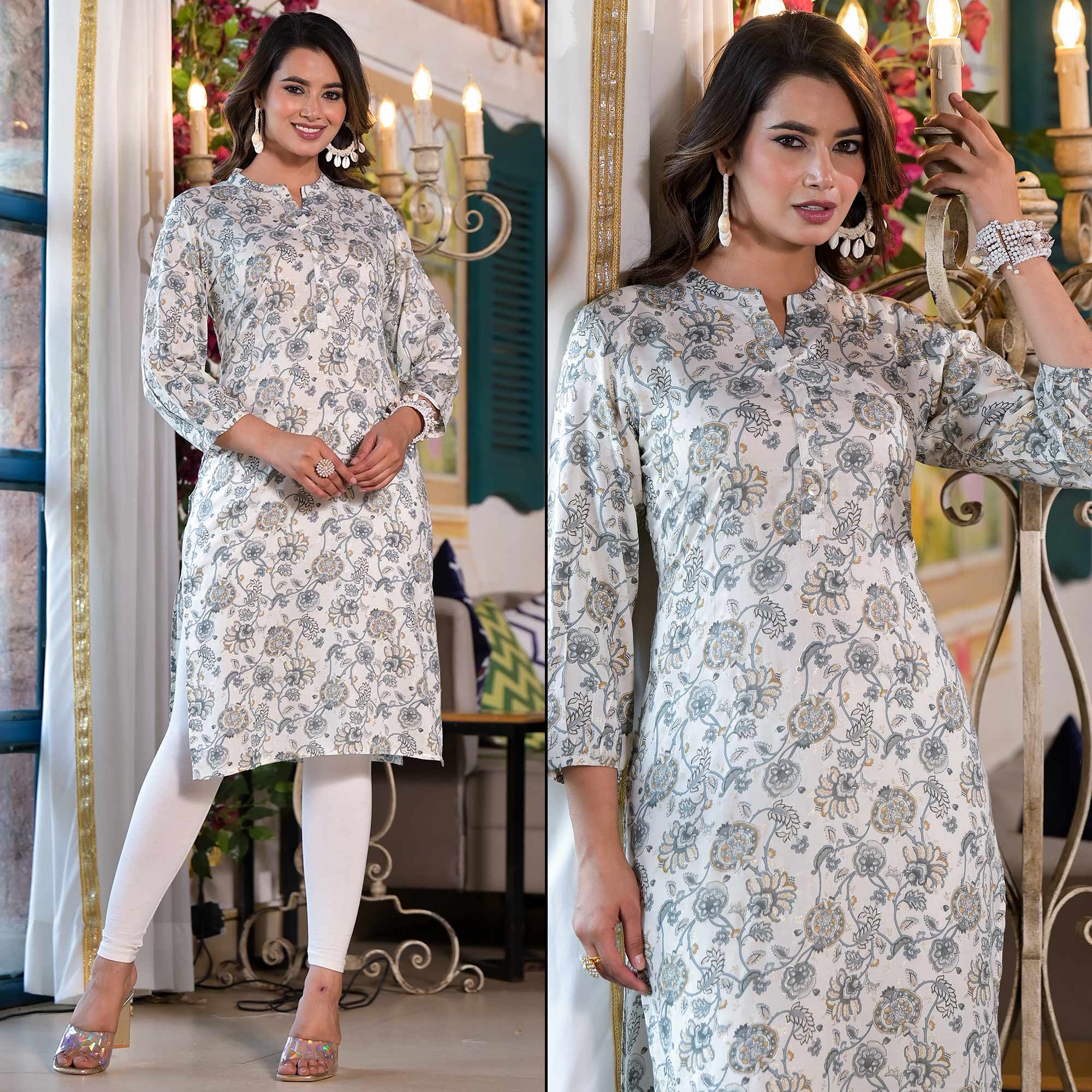 Grey Floral Foil Printed Chanderi Silk Kurti