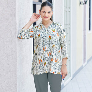White & Orange Printed Chanderi Silk Top