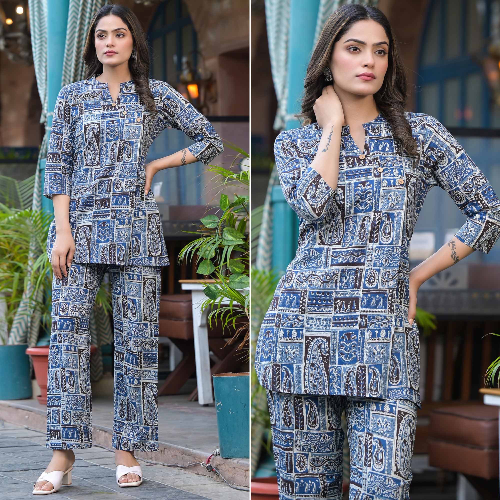 Blue Printed Pure Cotton Angrakha Co-Ord Set