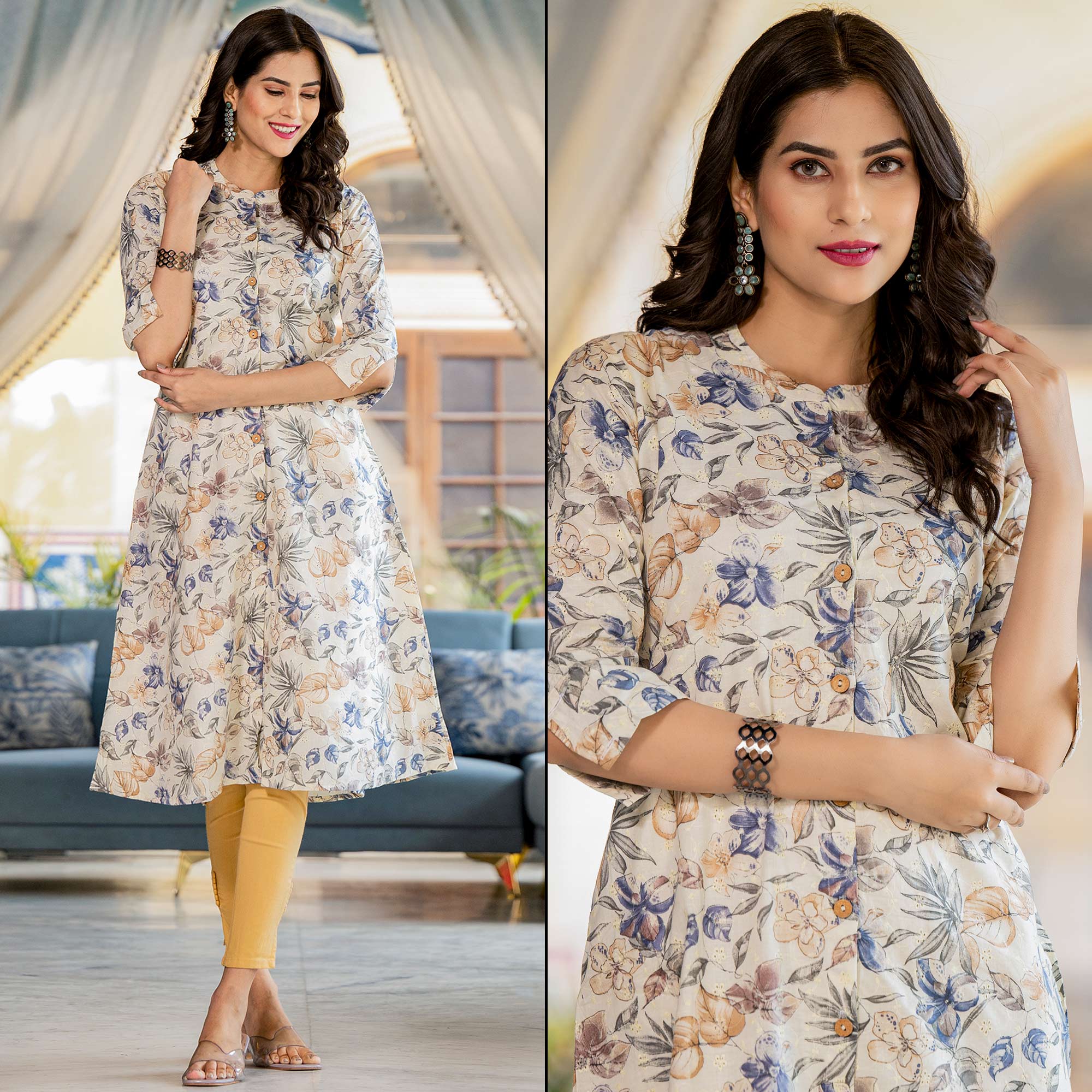 Cream & Blue Floral Printed Pure Cotton Shifley Dress