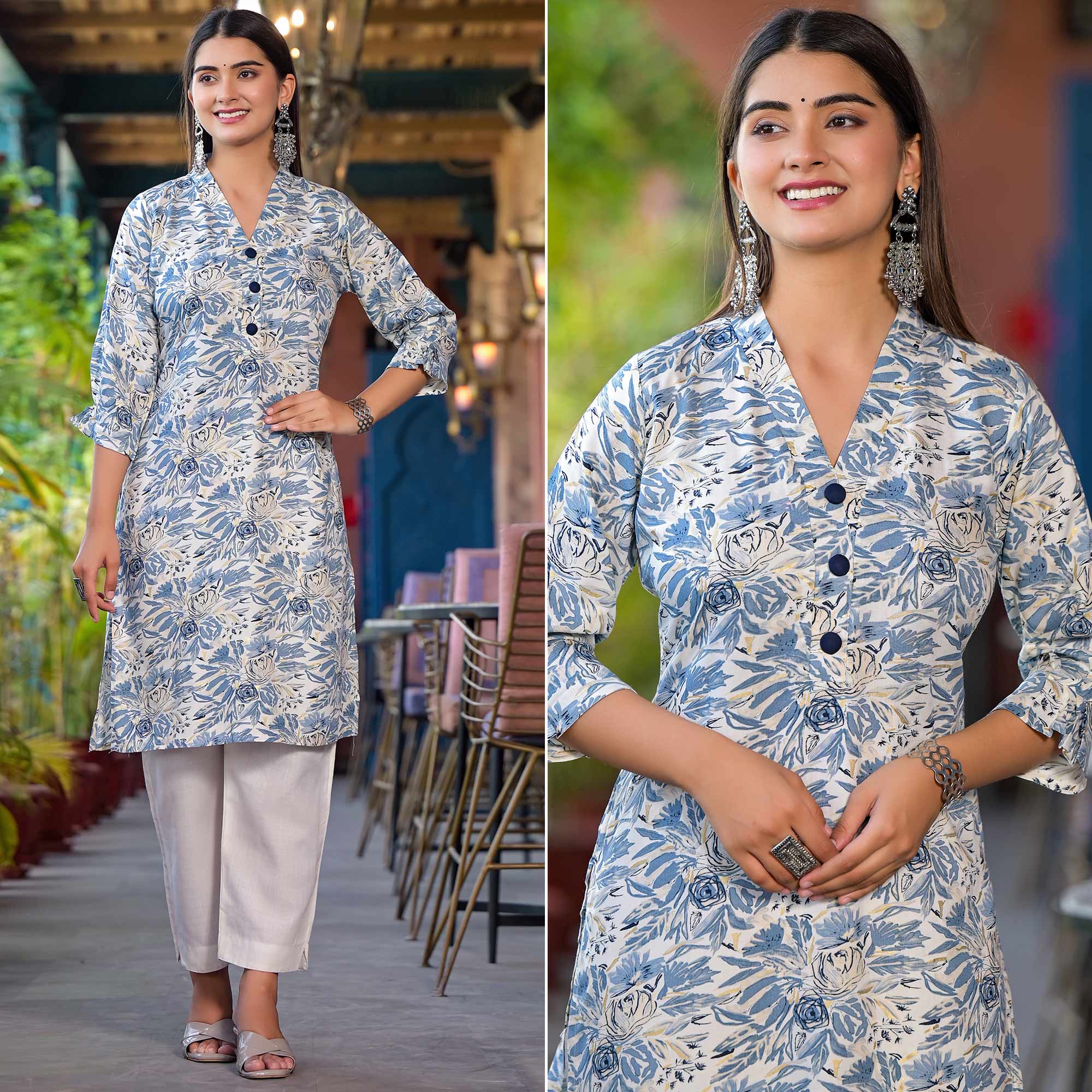 Blue Floral Printed Rayon Kurti