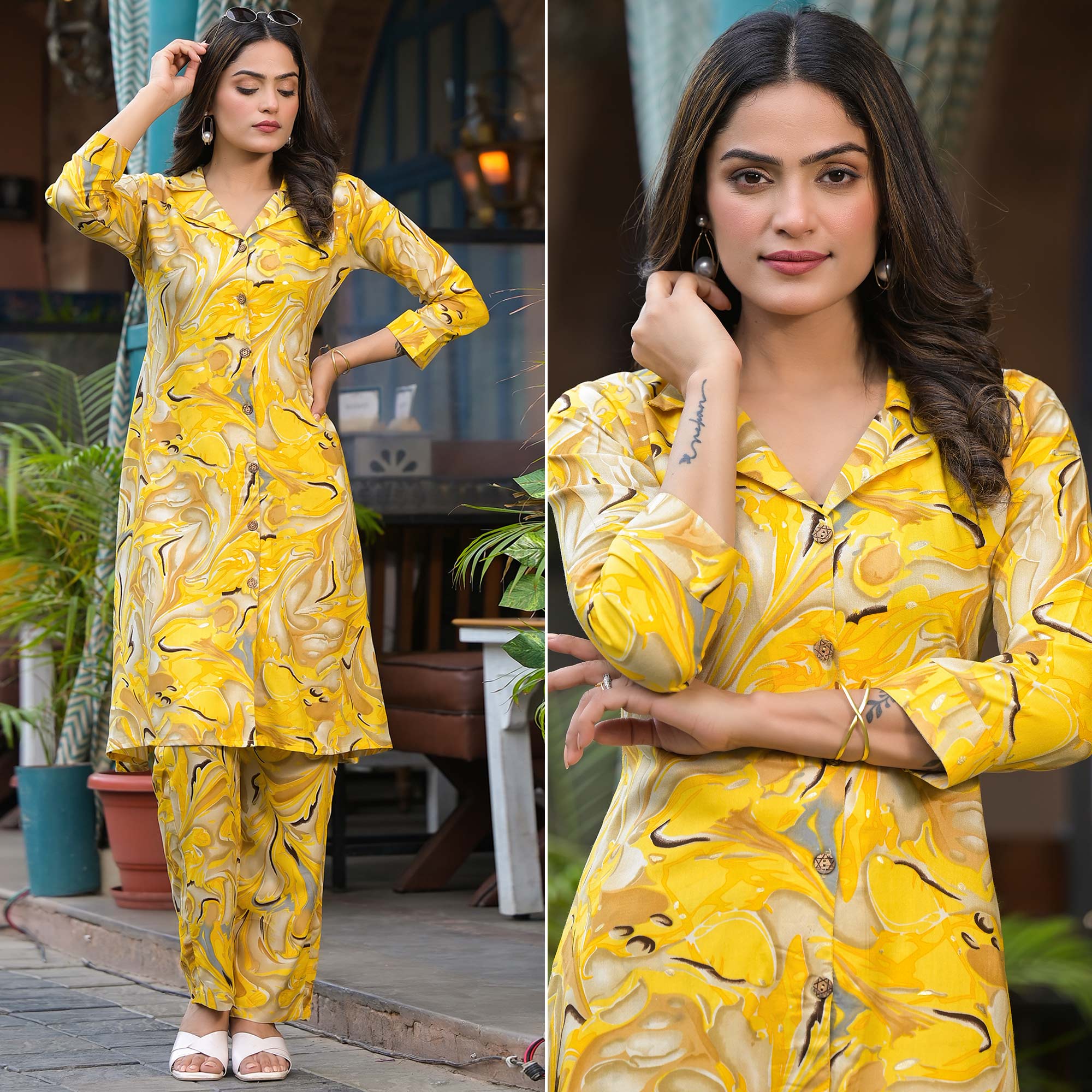 Yellow Foil Printed Rayon Co-Ord Set