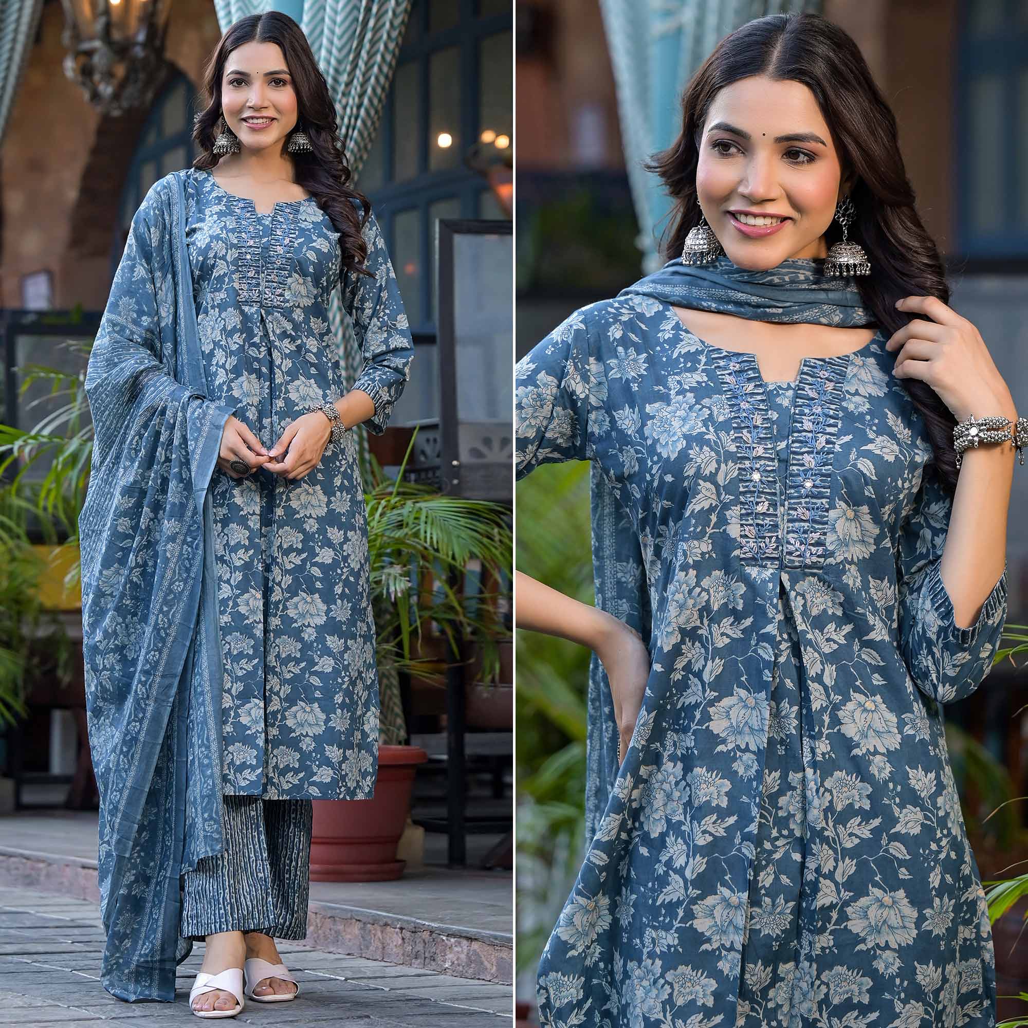 Blue Floral Printed With Katha Work Pure Cotton Straight Salwar Suit