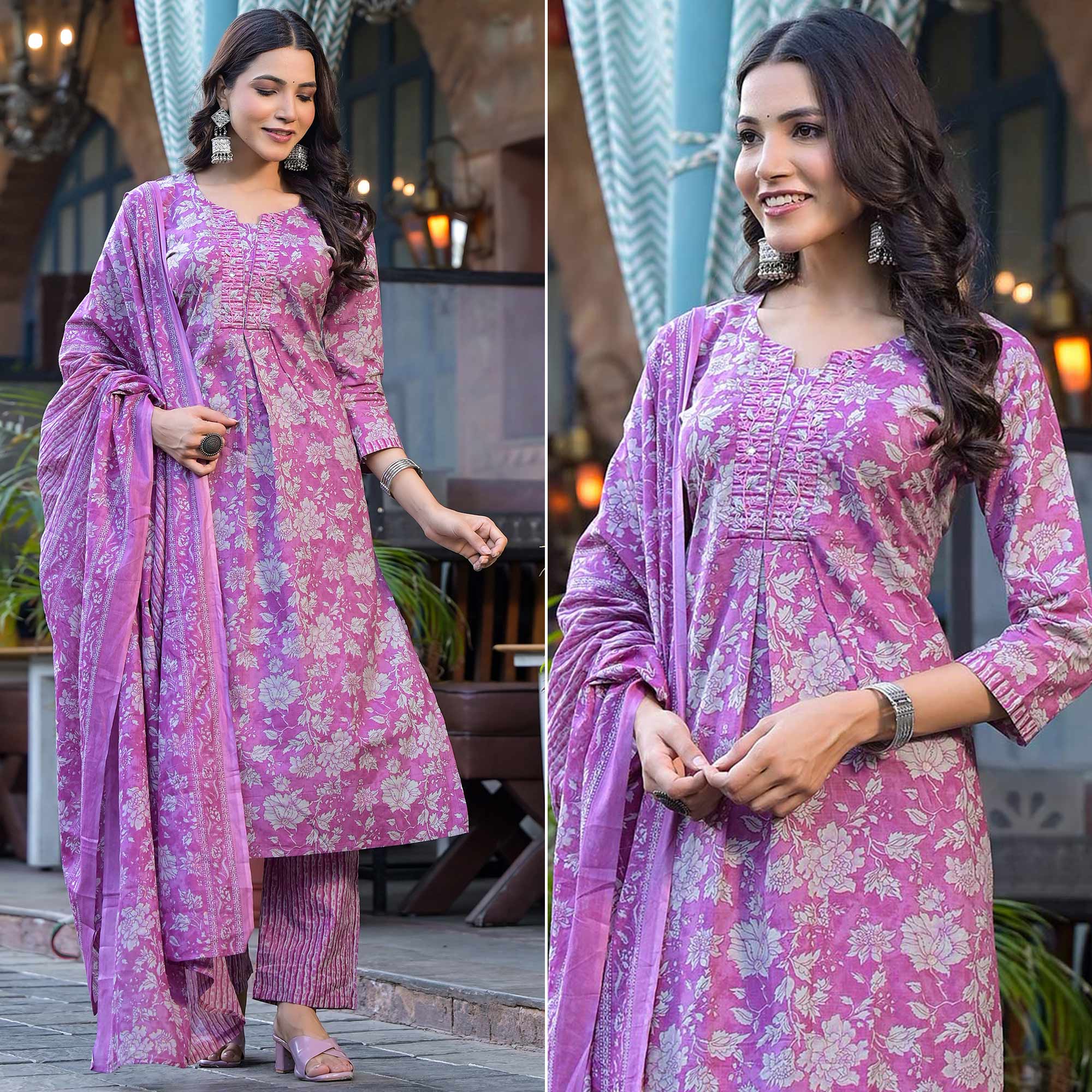 Purple Floral Printed With Katha Work Pure Cotton Straight Salwar Suit