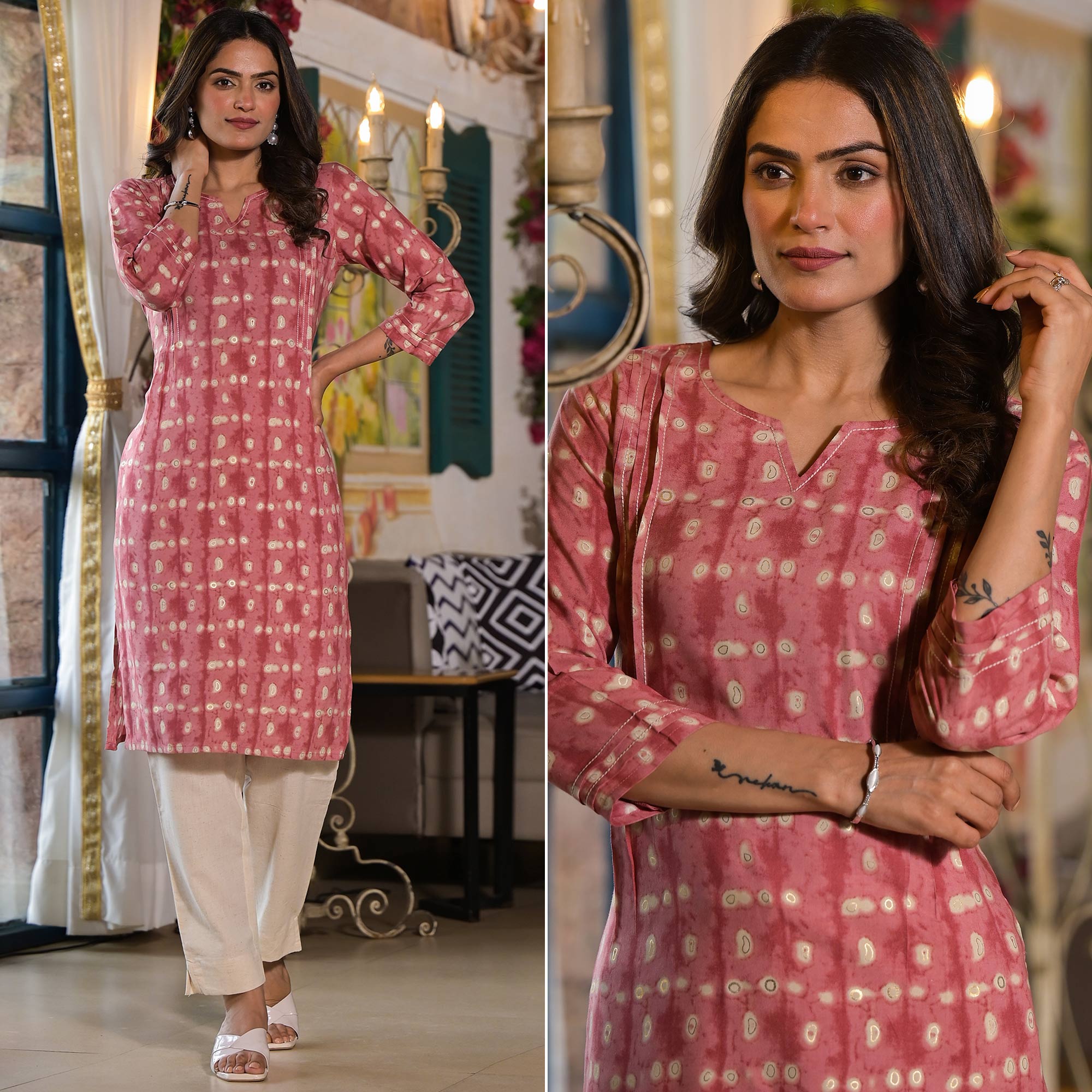 Pink Printed Rayon Straight Kurti