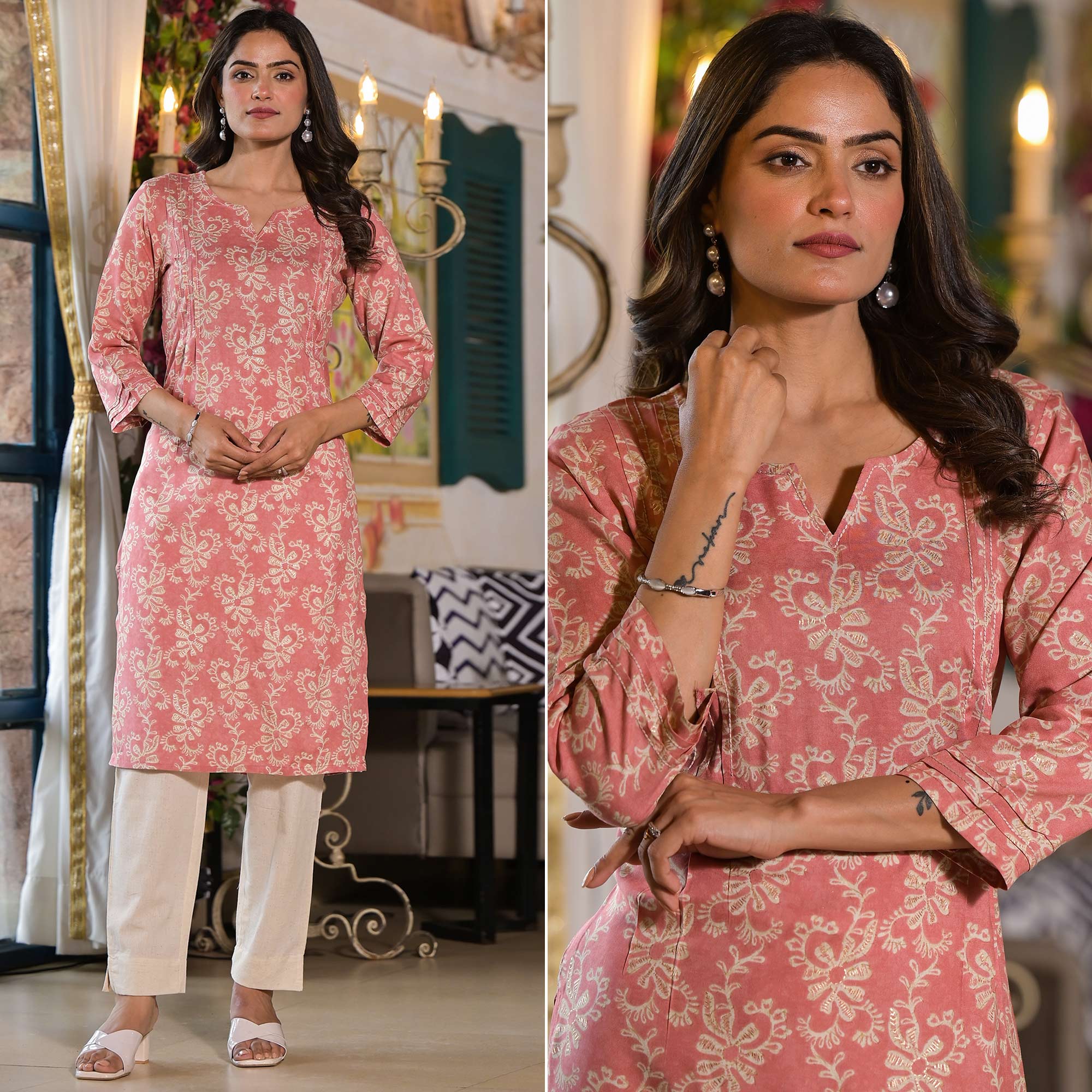 Peach Floral Printed Rayon Straight Kurti