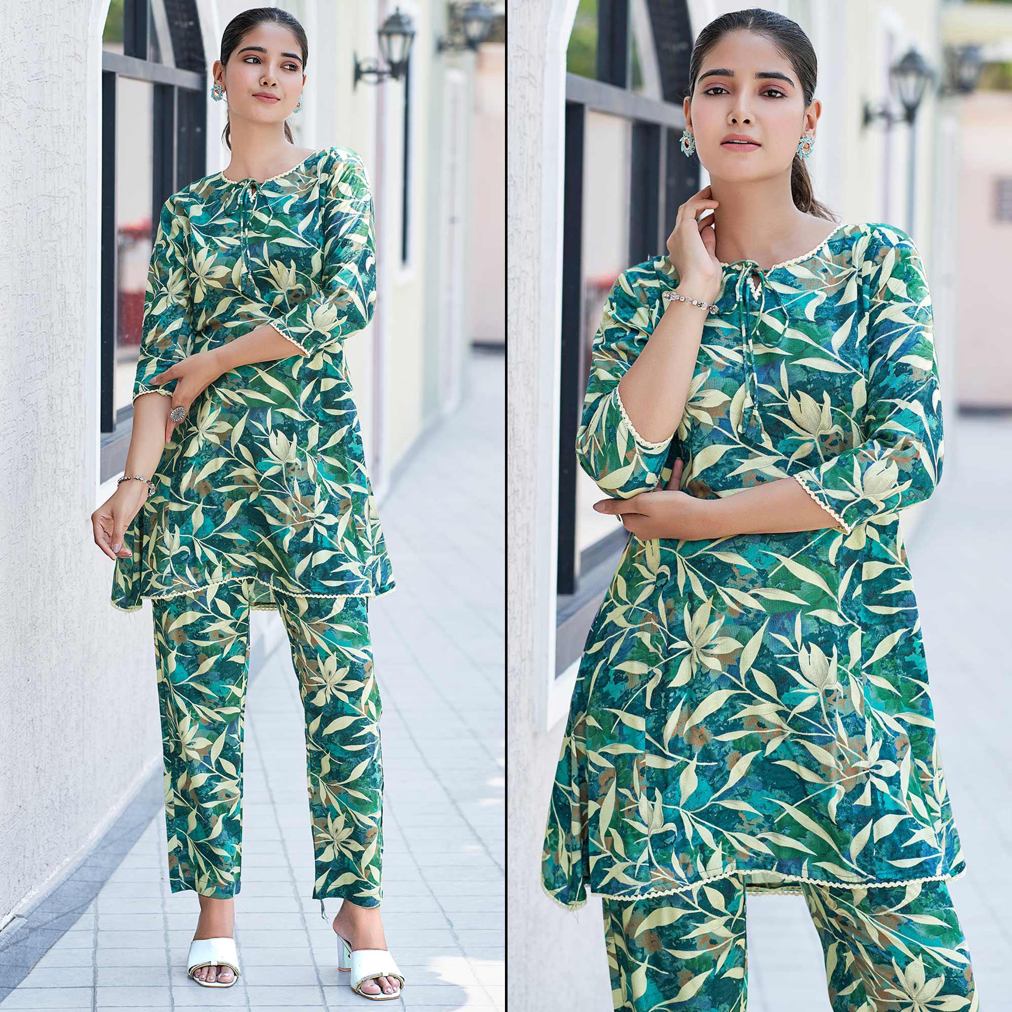 Green Floral Printed Rayon Co-Ord Set