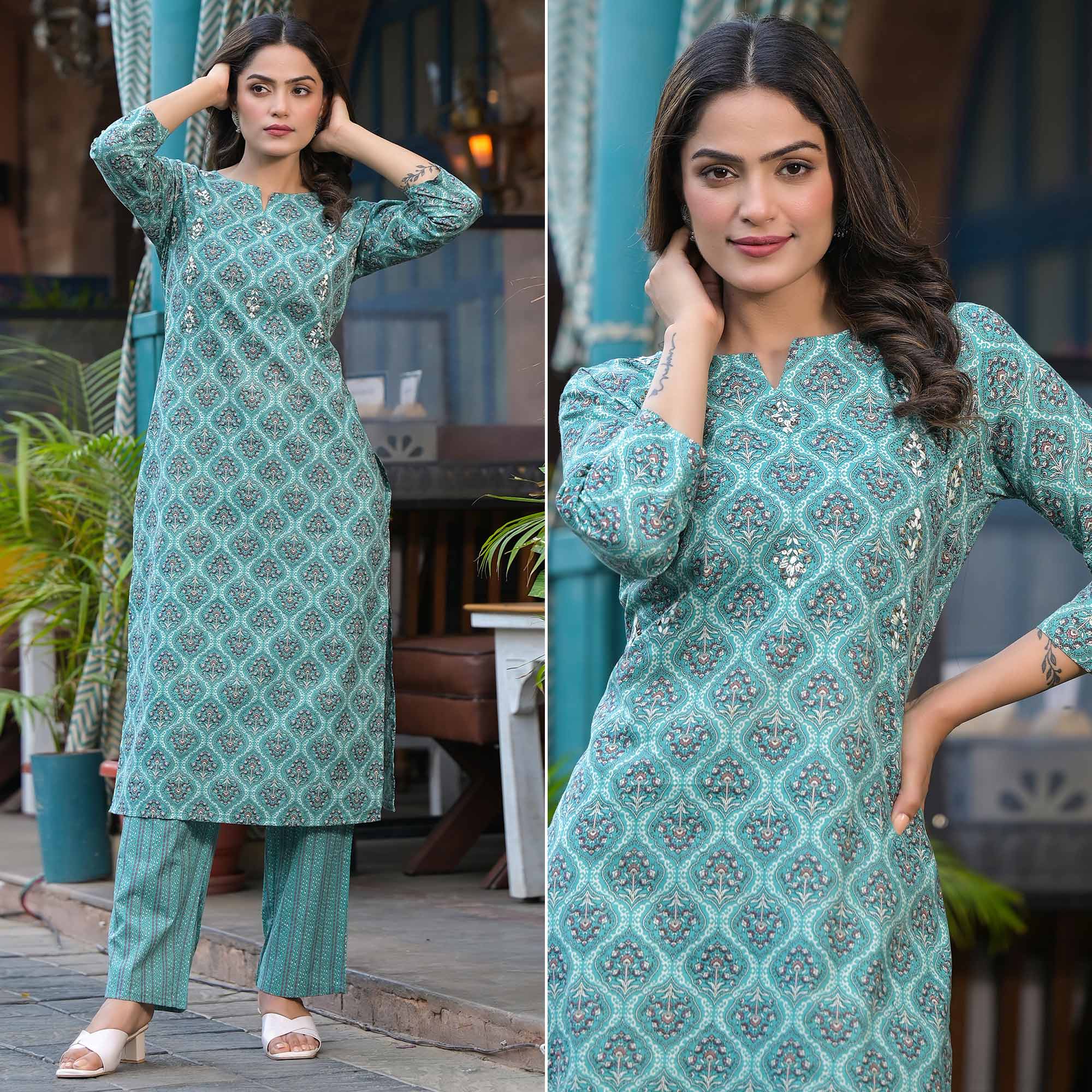 Sea Green Floral Printed Pure Cotton Kurti Set