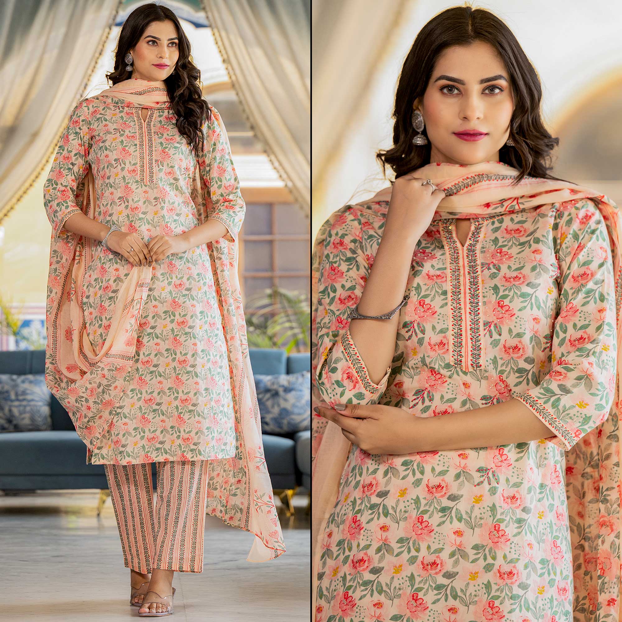 Peach Floral Printed Pure Cotton Salwar Suit