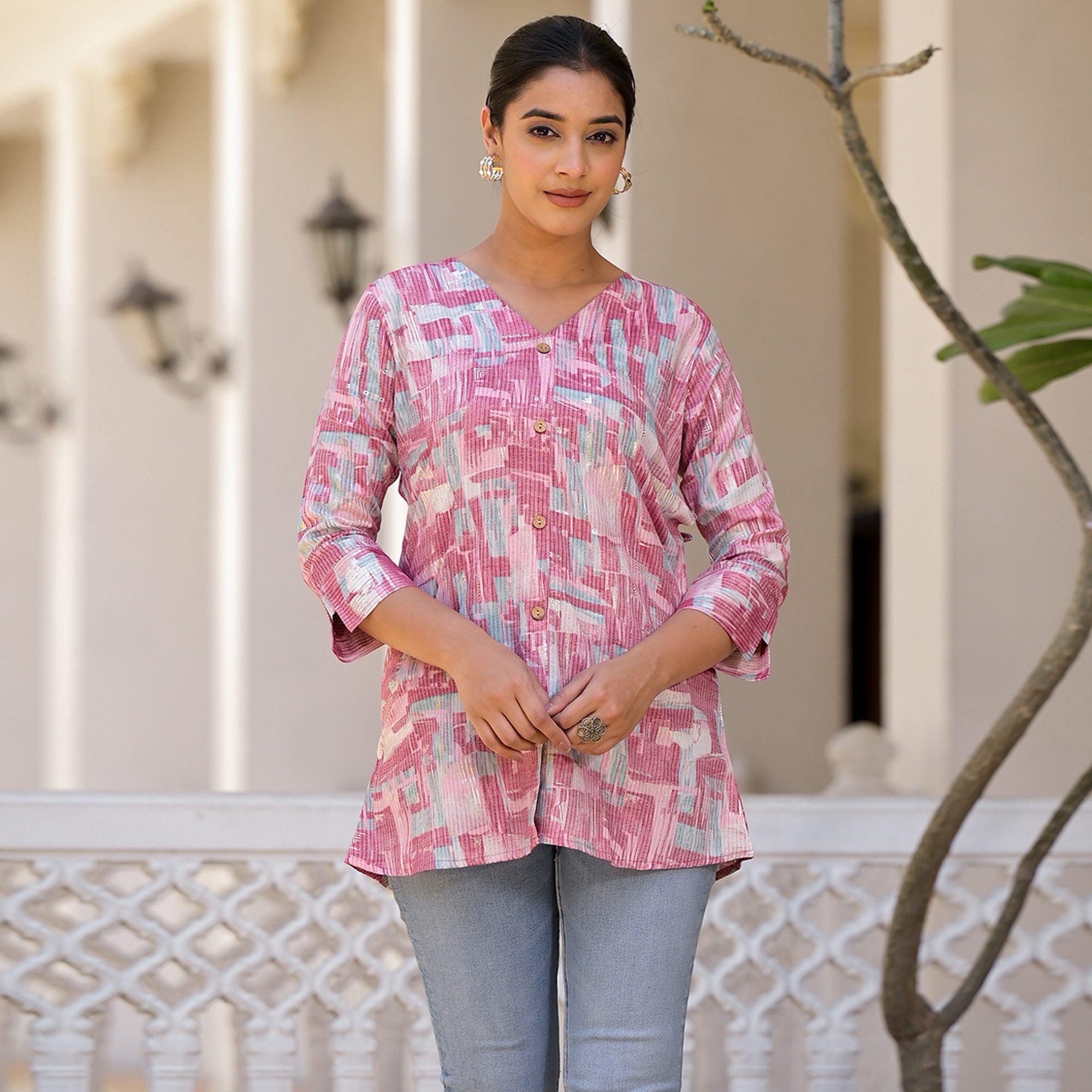 Pink Printed Rayon A-Line Top