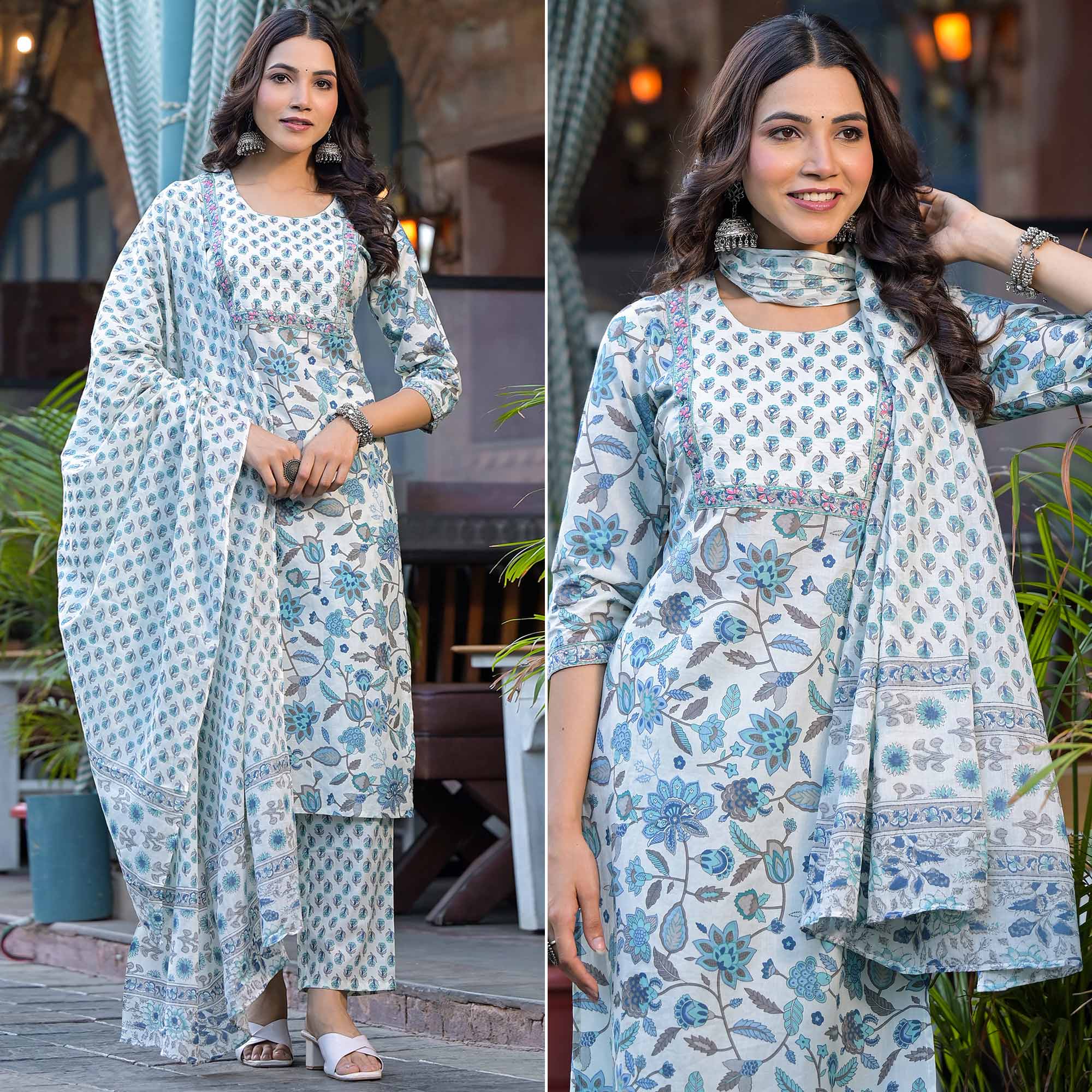 White & Blue Floral Printed Pure Cotton Salwar Suit