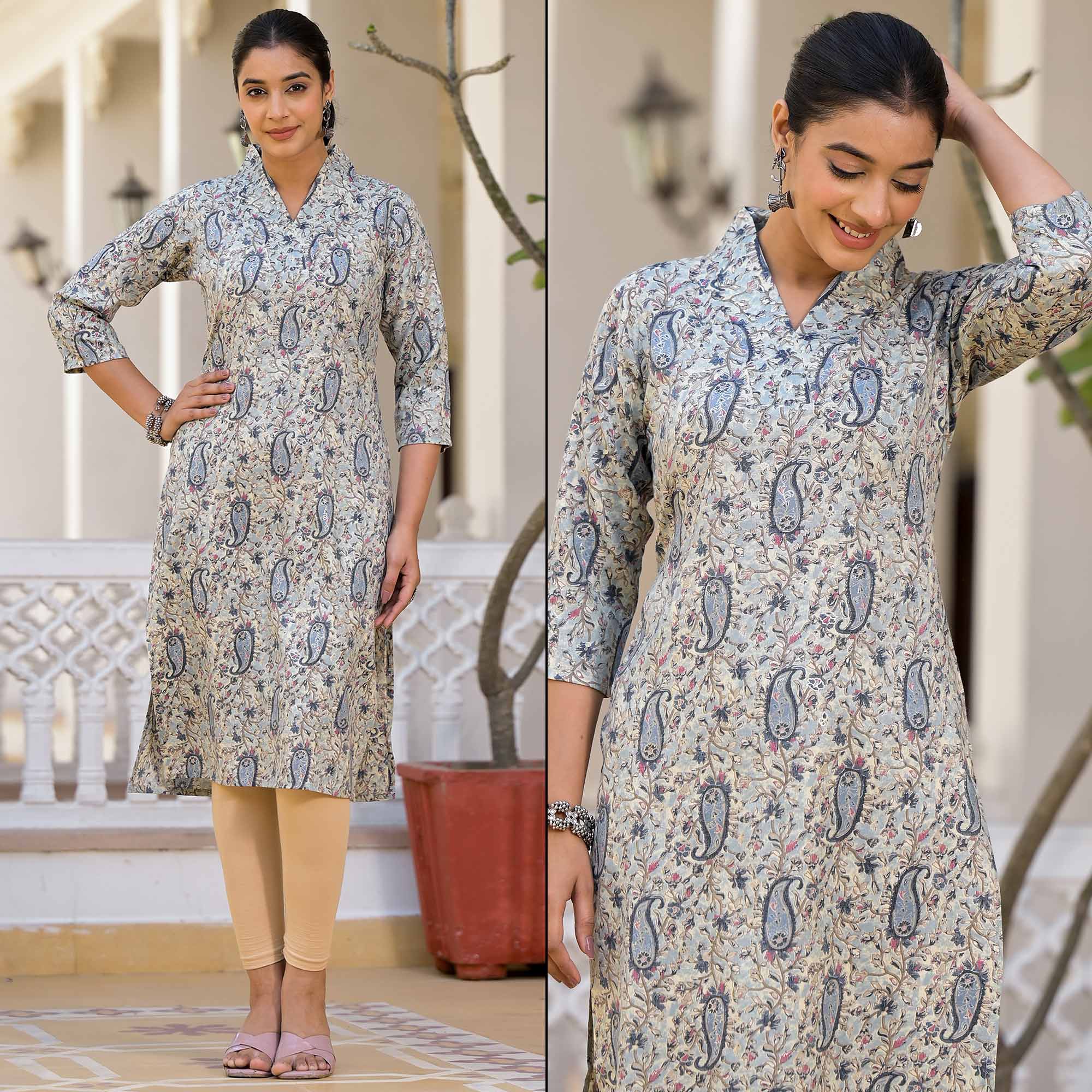 Blue Floral Printed Rayon Straight Kurti