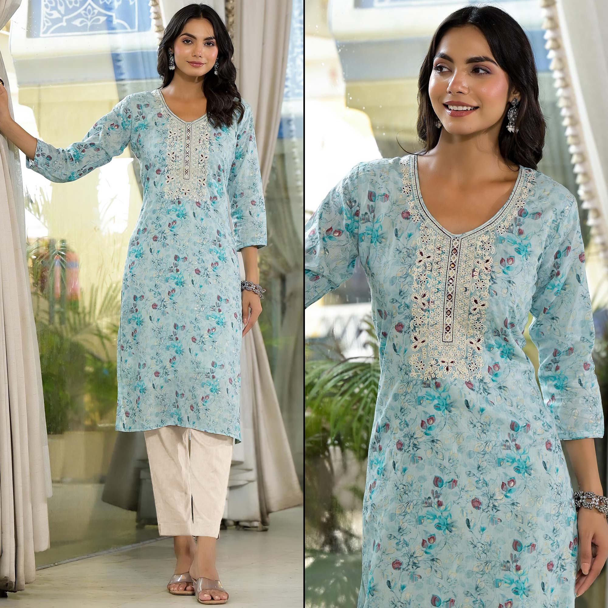 Blue Floral Printed Mul Mul Cotton Straight Kurti