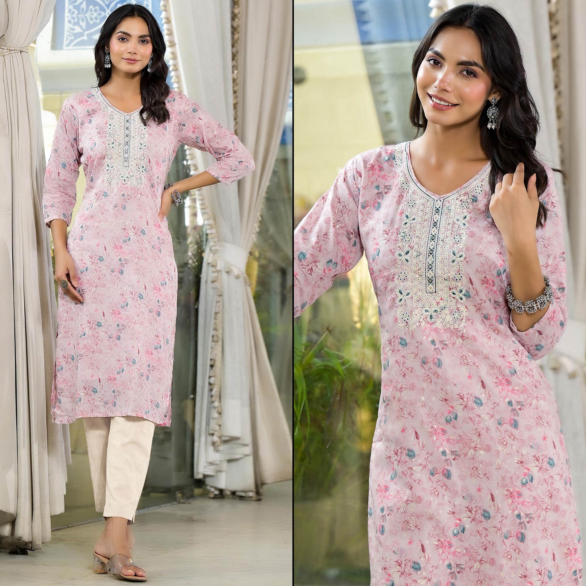 Peach Floral Printed Mul Mul Cotton Straight Kurti