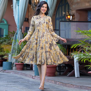 Yellow Printed Rayon Anarkali Dress