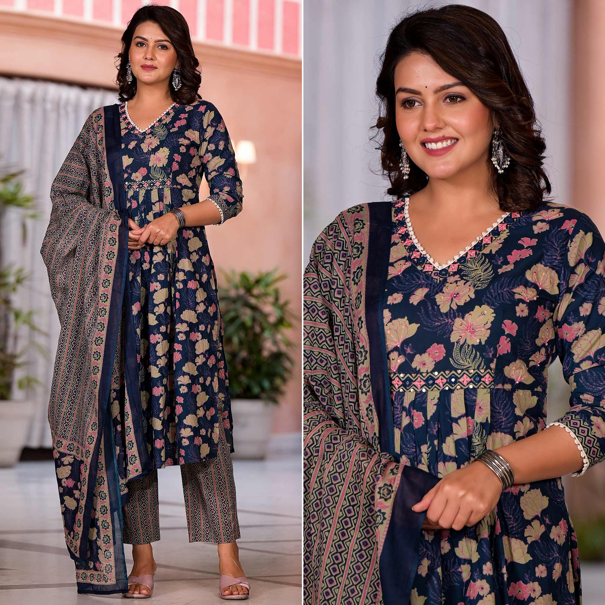 Blue Floral Printed Pure Cotton Anarkali Salwar Suit