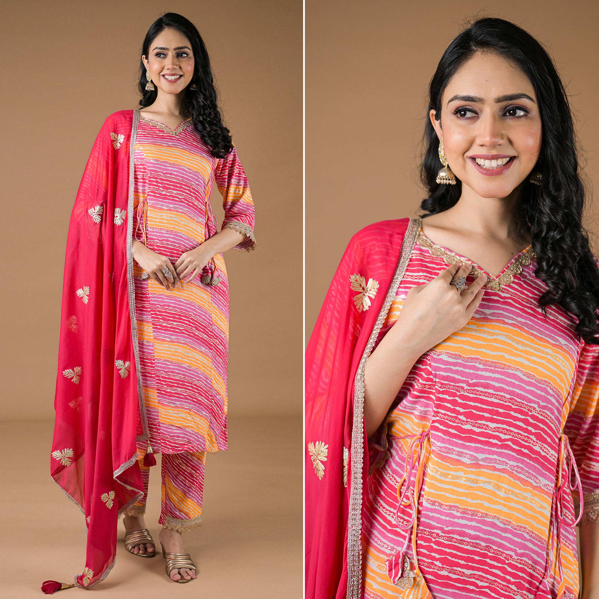 Pink Leheriya Printed Rayon A-line Salwar Suit