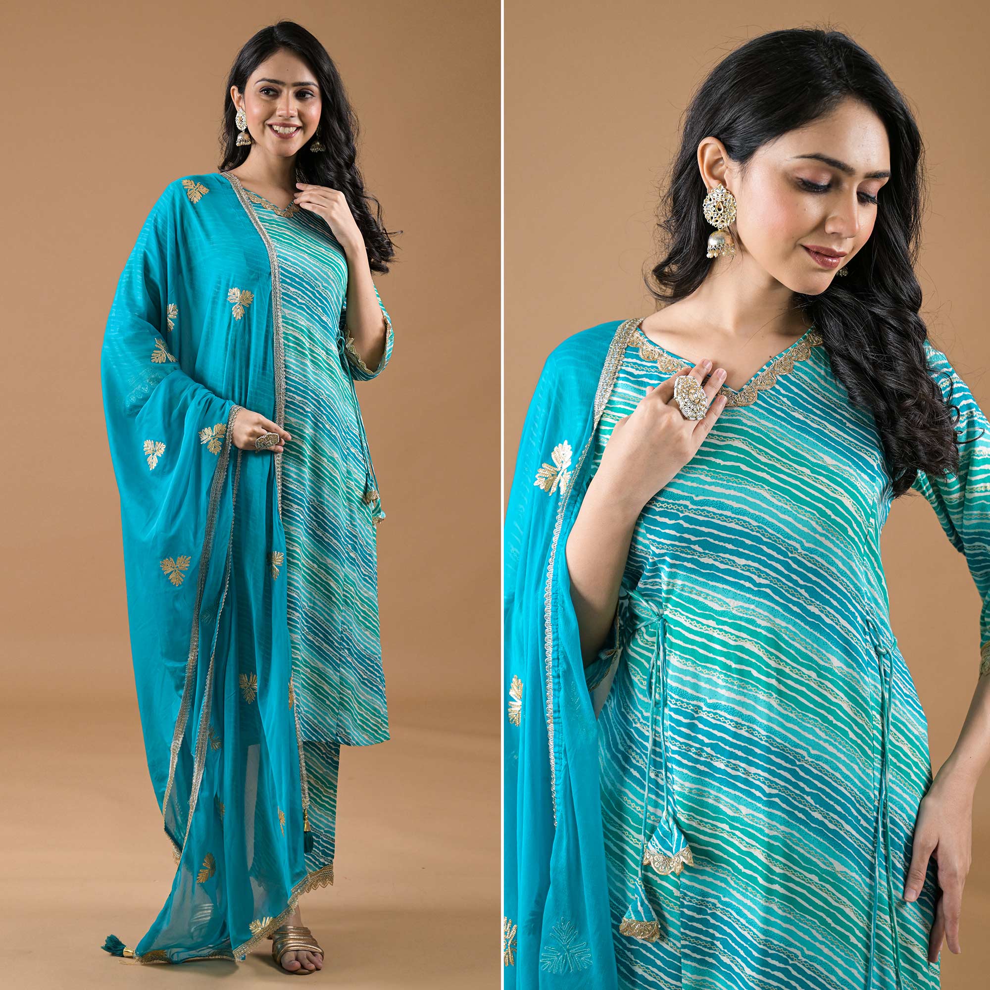 Turquoise Leheriya Printed Rayon A-line Salwar Suit