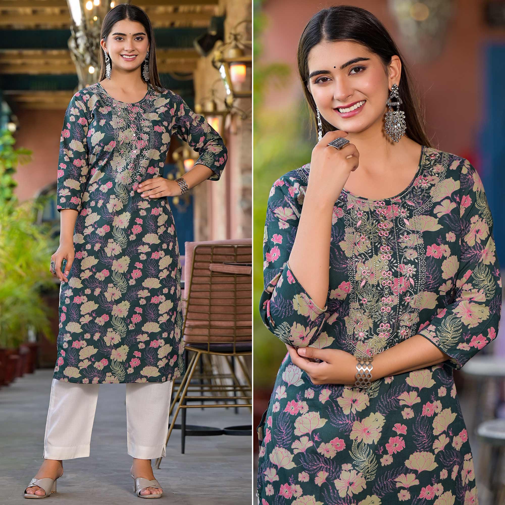 Green Floral Printed Pure Cotton Straight Kurti