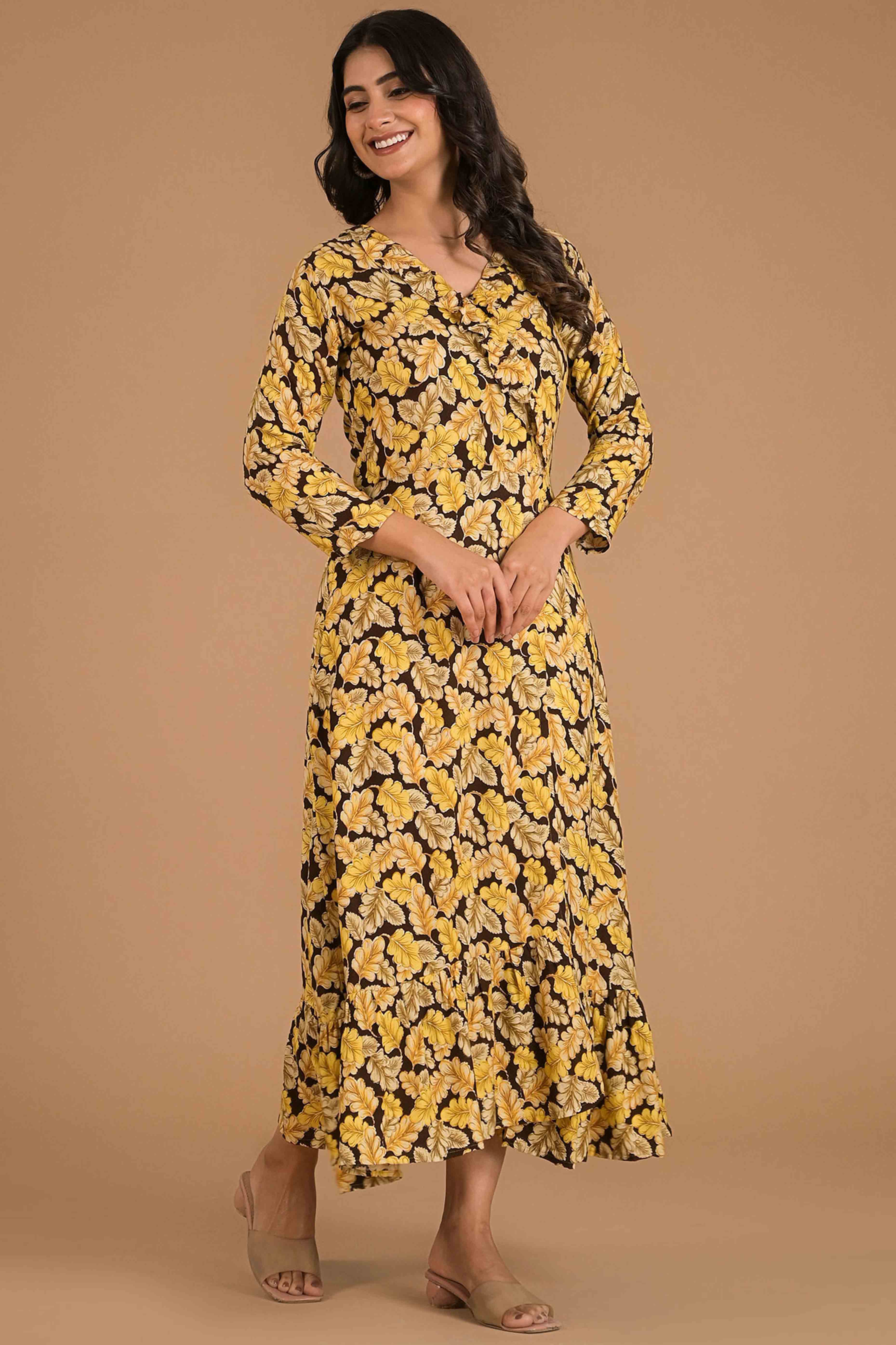 Mustard Floral Printed Rayon Maxi Dress