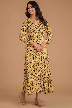 Mustard Floral Printed Rayon Maxi Dress