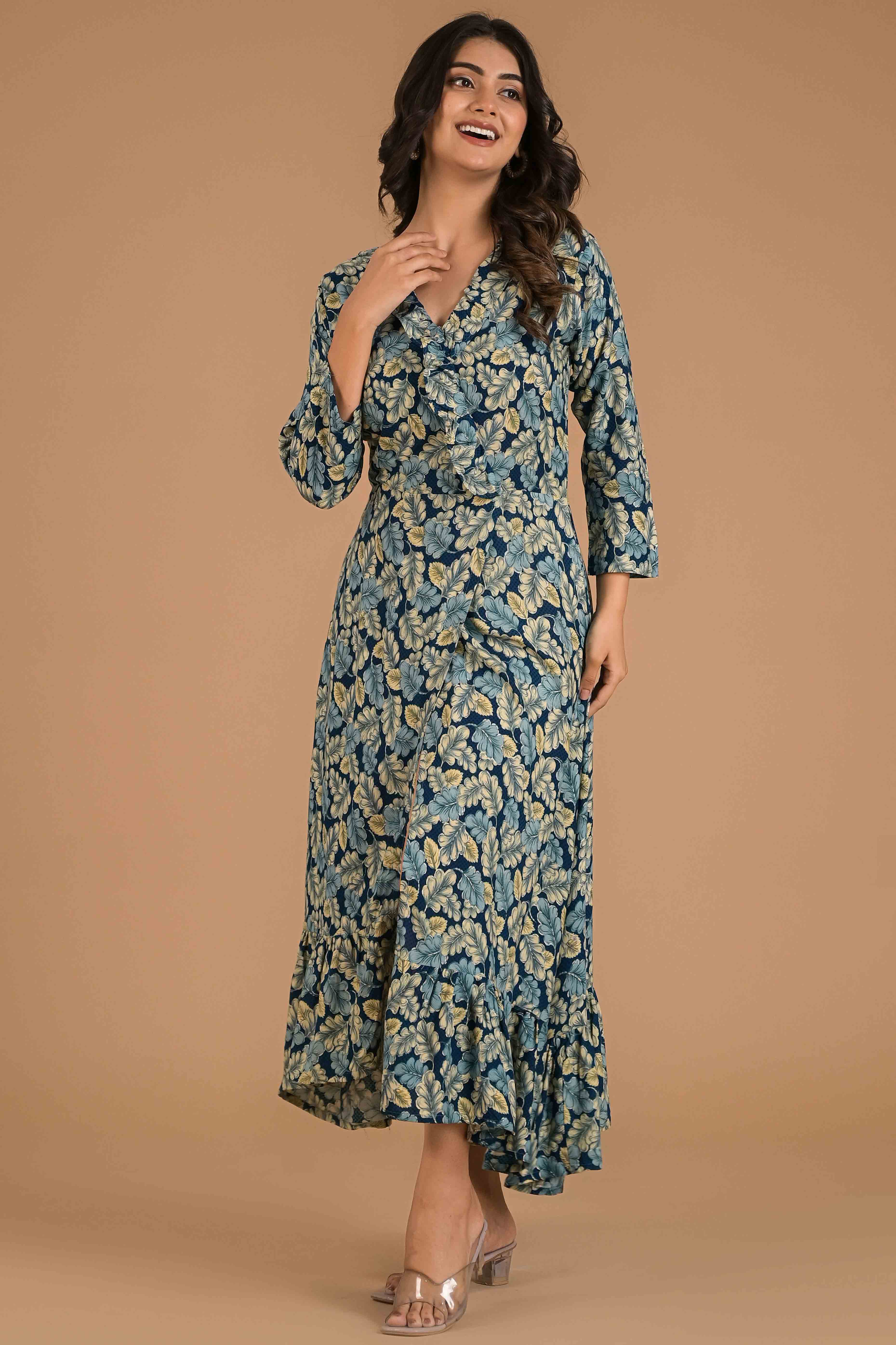 Teal Blue Floral Printed Rayon Maxi Dress