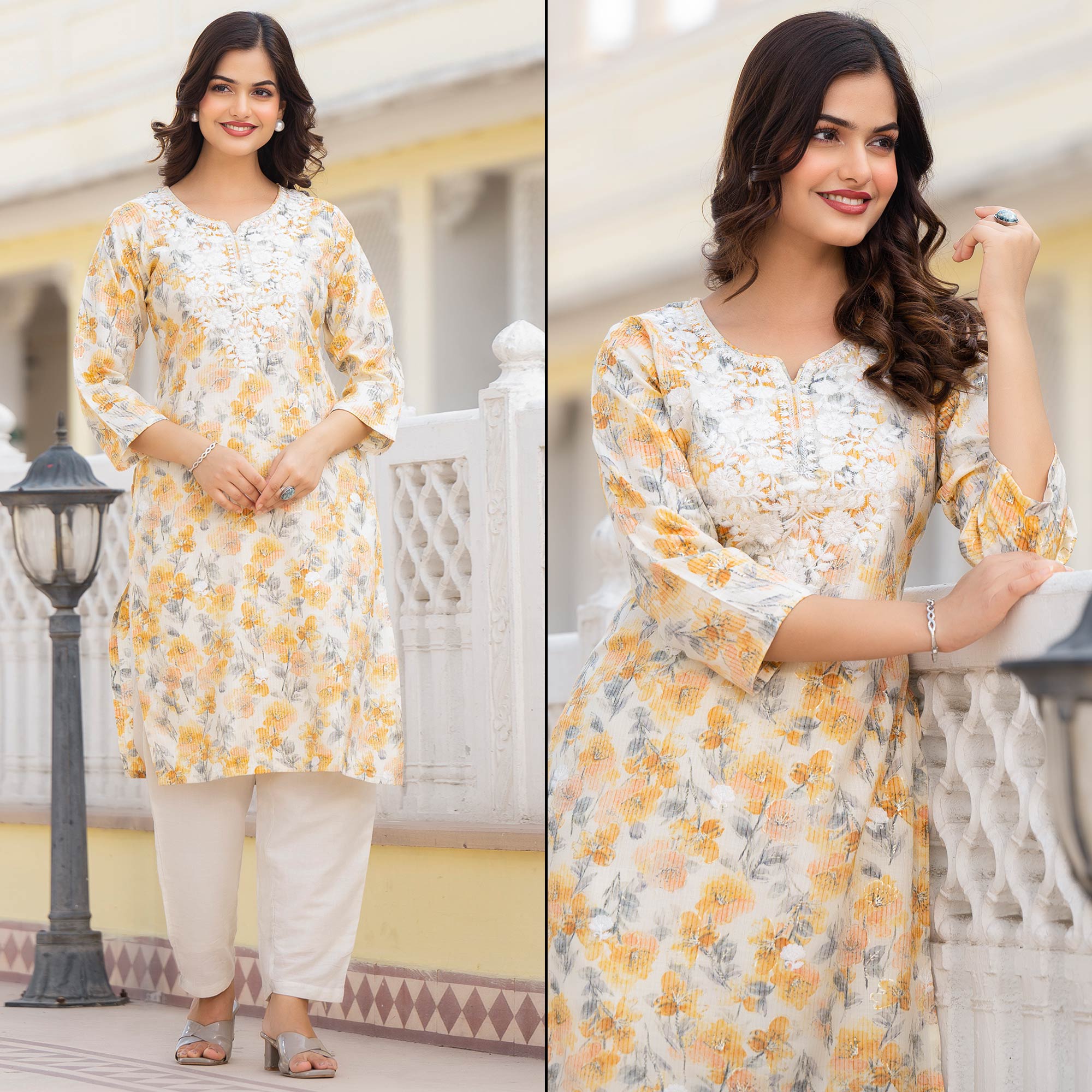 Cream & Mustard Floral Printed Rayon Straight Kurti