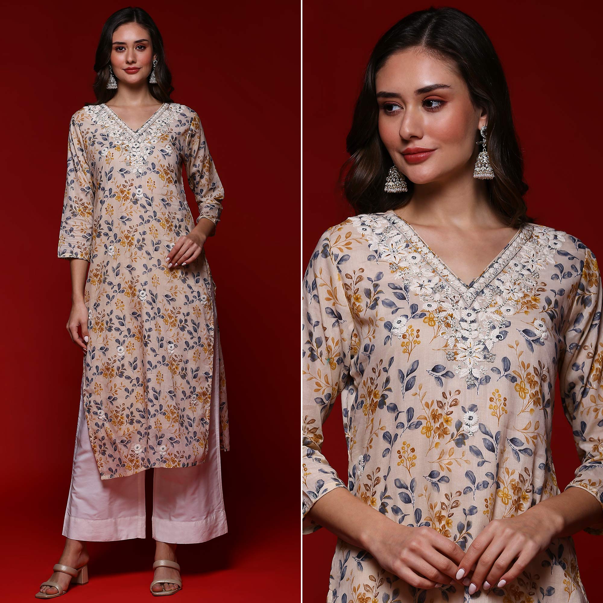 Chikoo Floral Printed Mulmul Cotton Straight Kurti