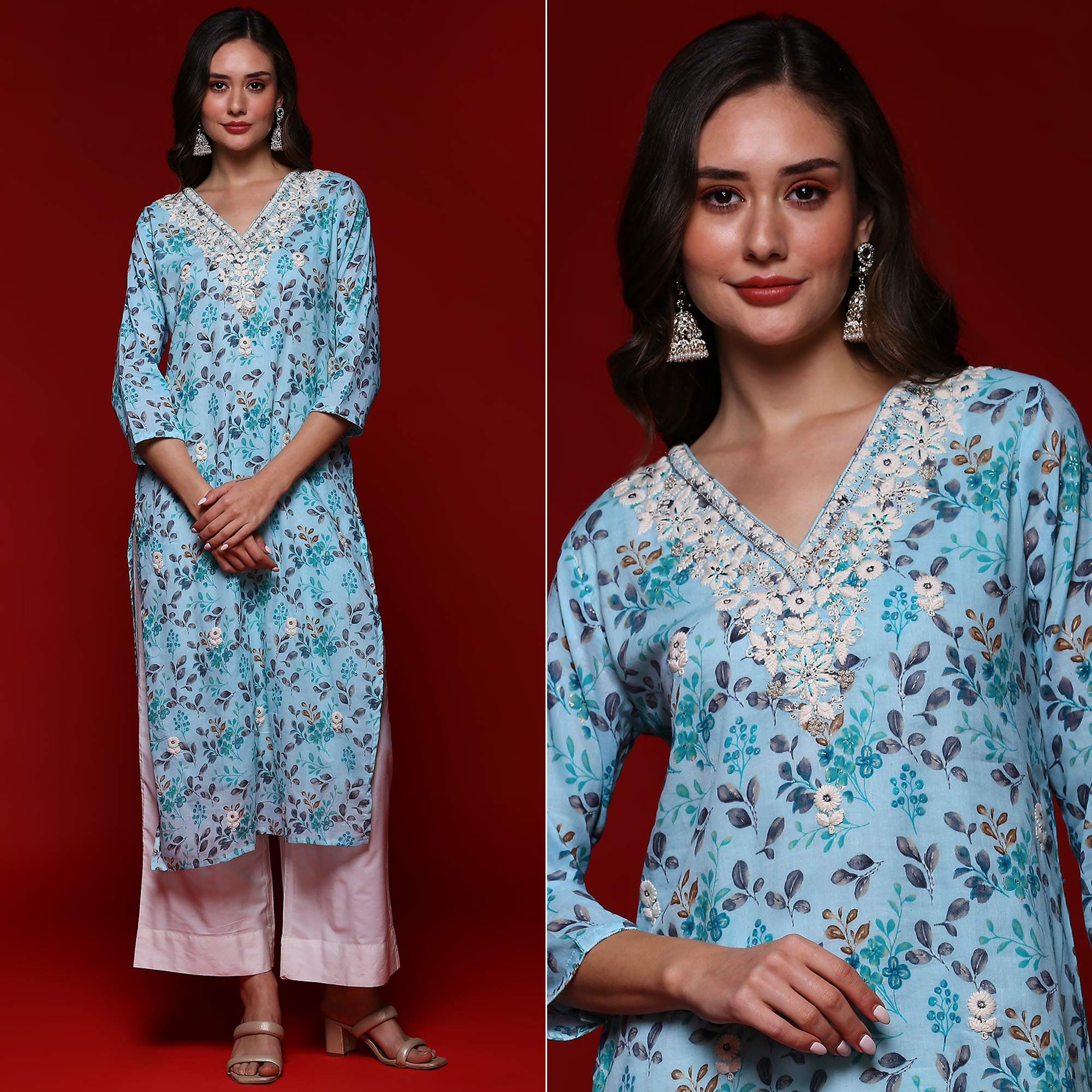 Sky Blue Floral Printed Mulmul Cotton Straight Kurti