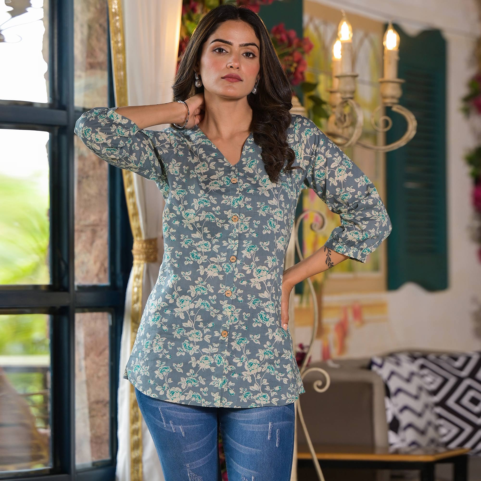 Grey Floral Printed Pure Cotton Top